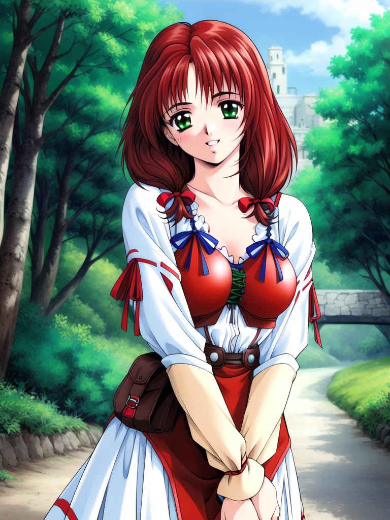 <lora:Mew:0.9>, Mew, 1girl, solo, smile, long sleeves, blush, dress, looking at viewer, v arms, own hands together, pouch, corset, collarbone, breasts, cowboy shot, brown hair, parted lips, belt, belt pouch, sky, forest,
masterpiece, high quality, very_high_resolution, large_filesize, full color,