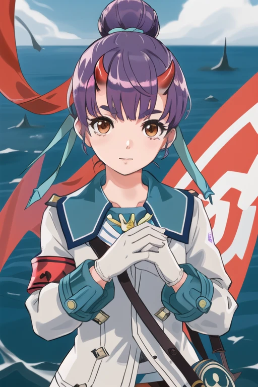 <lora:Fiona_xenoblade_3-10:0.7>, Fiona \(xenoblade\), 1girl, bangs, brown_eyes, eyebrows_visible_through_hair, purple hair, red horns, oni horns, hair bun, blue hair ribbon, jacket, sailor uniform, white gloves, long_sleeves, armband, mitsudomoe(shape),