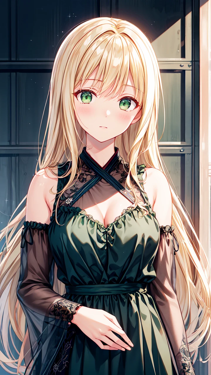 masterpiece,best quality,highres,illustration,hyper detailed,8k cg wallpaper,ray tracing,((blonde hair:1.2)),((long hair:1.2)),((straight hair:1.2)),((green eyes:1.2)),medium breasts,(hiten1:0.8),<lora:add_detail:1>,