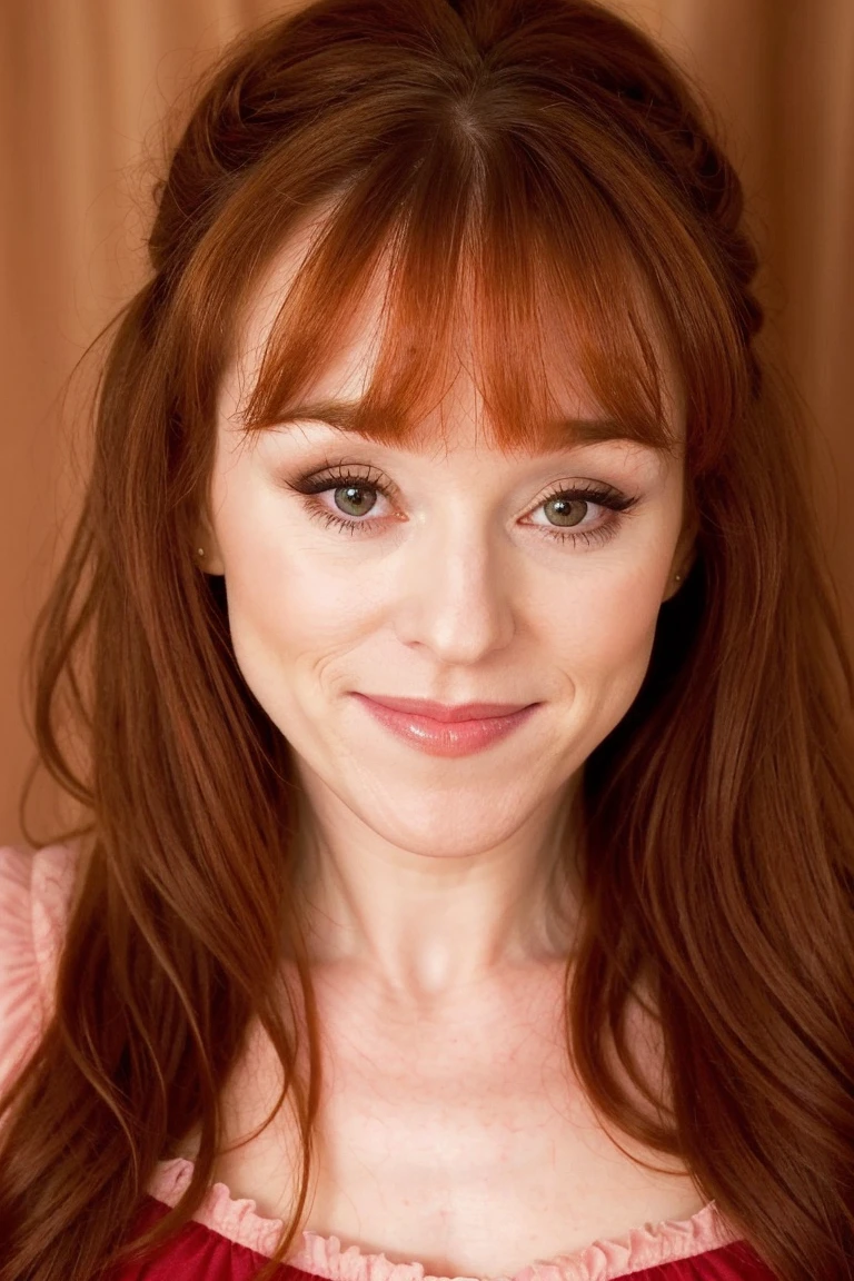 14 years redhead (hyperrealist) girl (masterpiece), Elguru, straight hair with bangs, silky skin, medium breasts (firm), (photorealistic), hot, red-haired girl, perfect goddess, wearing a pink dress ((very short)) (highlight on breasts) sits standing on the grass with the wind blowing, slightly raised her dress and hair, while smiling at the camera