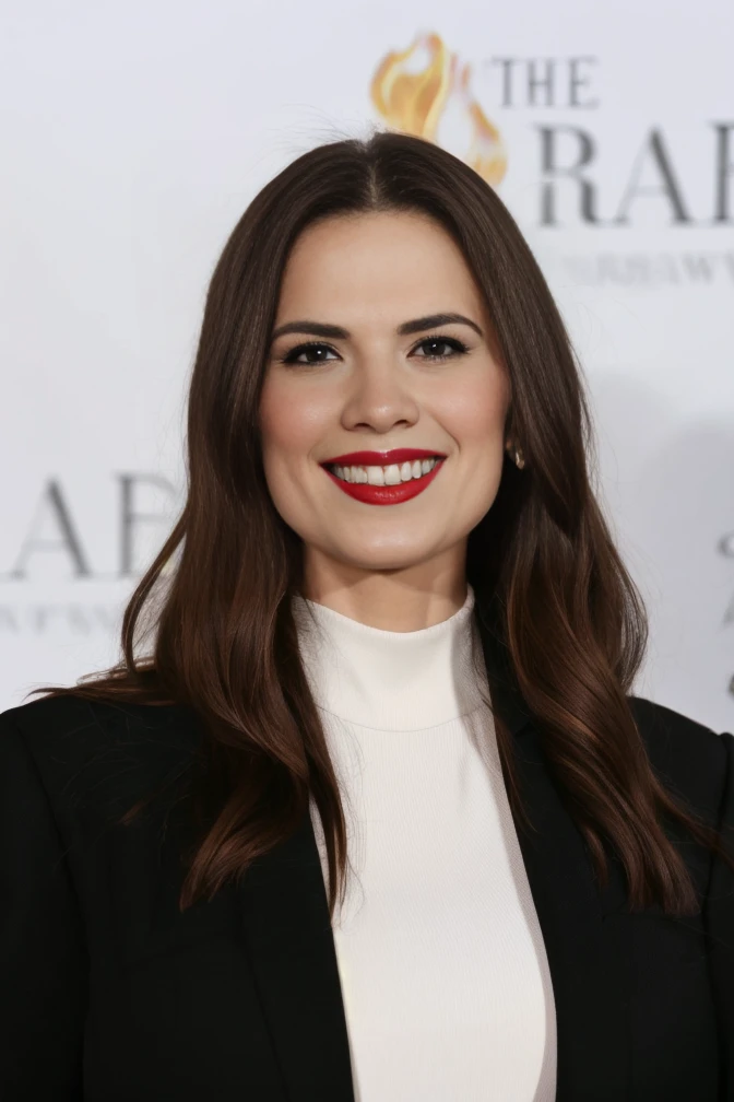 Formal attire, conservatives attire, modest, humble, Hayley_Atwell woman busty brown hair brown eyed model a woman posing for a picture on the epic location, fantasy location, fire smoke and black background and a urban in the background model red lips great hair tall perfect skin great teeth <lora:Hayley_Atwell-000012:0.7>