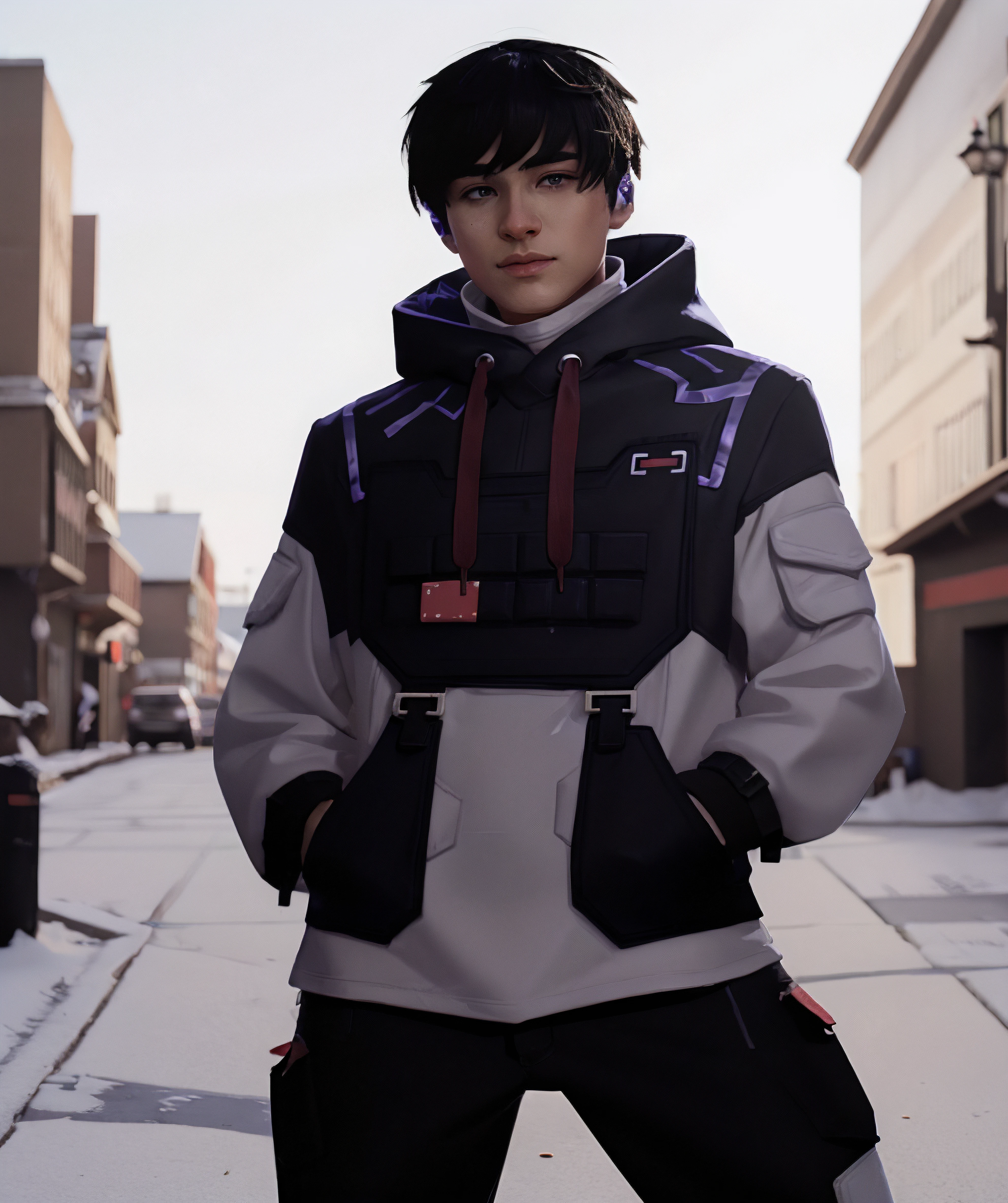 iso_valorant, standing, looking at viewer, jacket, hoodie, long pants, bandaid on face, short black hair, town, winter <lora:Iso-15:0.85>