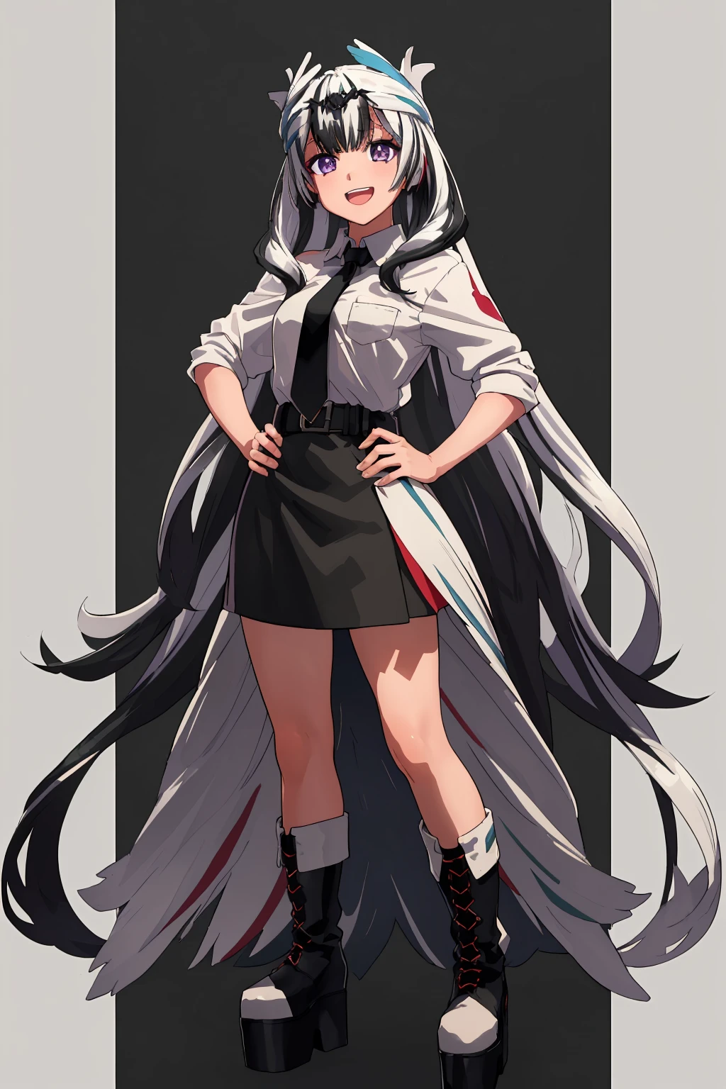 masterpiece, best quality, 1girl, solo, standing, facing viewer,<lora:EPfeVeyle-07:1>, EPfeVeyle, 1girl, long hair, multicolored hair, white hair, black hair, character chart, mountain, day, pray hand on hip, collared shirt, black necktie, rolled skirt, star hair ornament, platform boots, laughing