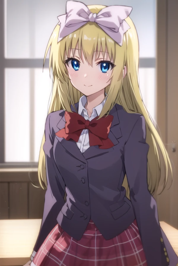 mafuyushiina, <lora:mafuyu shiina s2-lora-nochekaiser:1>,
mafuyu shiina, long hair, blue eyes, blonde hair, bow, hair bow, bowtie, smile,
BREAK skirt, school uniform, plaid, plaid skirt, shirt, white shirt, collared shirt, jacket, long sleeves, black jacket,
BREAK indoors, classroom,
BREAK looking at viewer, (cowboy shot:1.5),
BREAK <lyco:GoodHands-beta2:1>, (masterpiece:1.2), best quality, high resolution, unity 8k wallpaper, (illustration:0.8), (beautiful detailed eyes:1.6), extremely detailed face, perfect lighting, extremely detailed CG, (perfect hands, perfect anatomy),