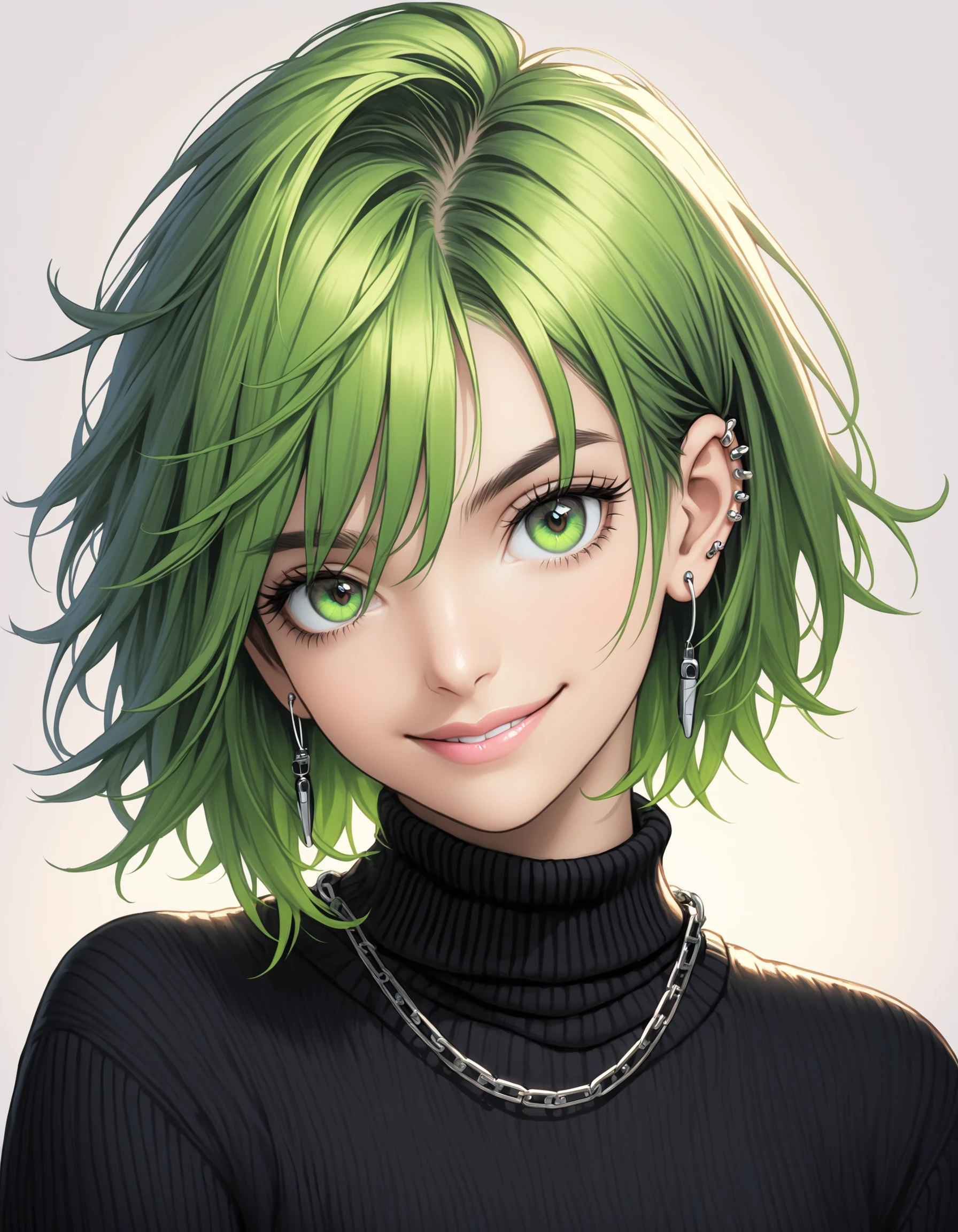 Mj Osea Style, 1girl, solo, looking at viewer, smile, short hair, jewelry, closed mouth, green eyes, jacket, earrings, green hair, necklace, sweater, lips, turtleneck, chain, piercing, ear piercing, portrait, turtleneck sweater, realistic, nose, black sweater, earphones, earbuds, masterpiece, best quality , <lora:MJ-OSEAXL:0.8>