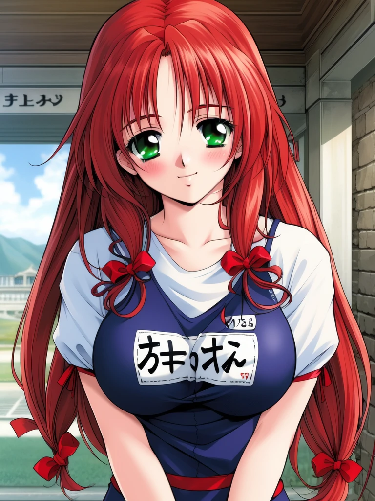 <lora:Mew:0.9>, Mew, green_eyes, red_hair, ribbon, hair_ribbon, long_hair, large_breasts,
buruma, blush, gym uniform, smile, name tag, blush,
masterpiece, high quality, very_high_resolution, large_filesize, full color,