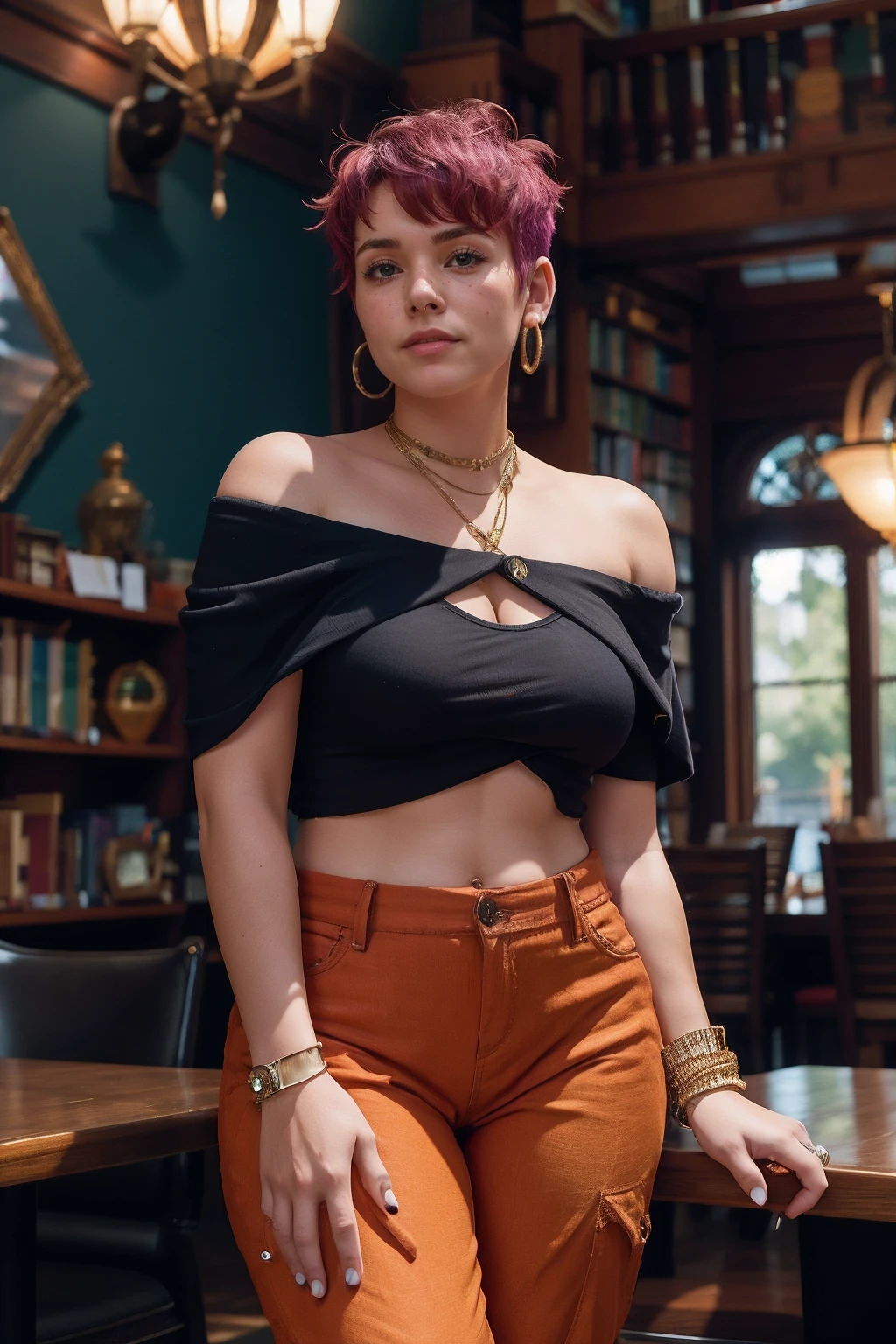 woke,a woman wearing off-shoulder top and capris, library, (bounced lighting:0.5) <lora:woke:0.85>