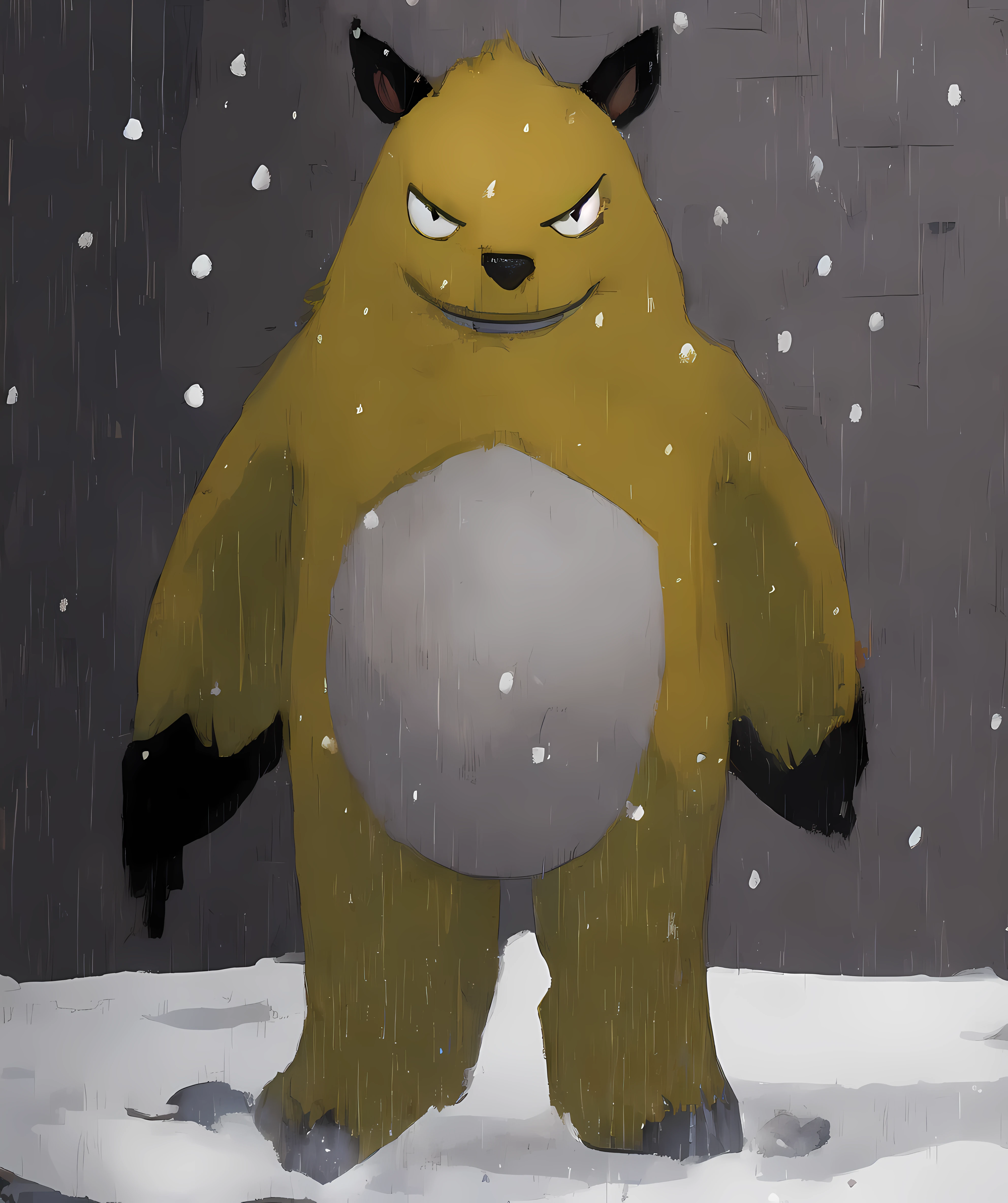grizzbolt_palworld, standing, full body, looking at viewers, snowing, winter <lora:Grizzbolt:1>