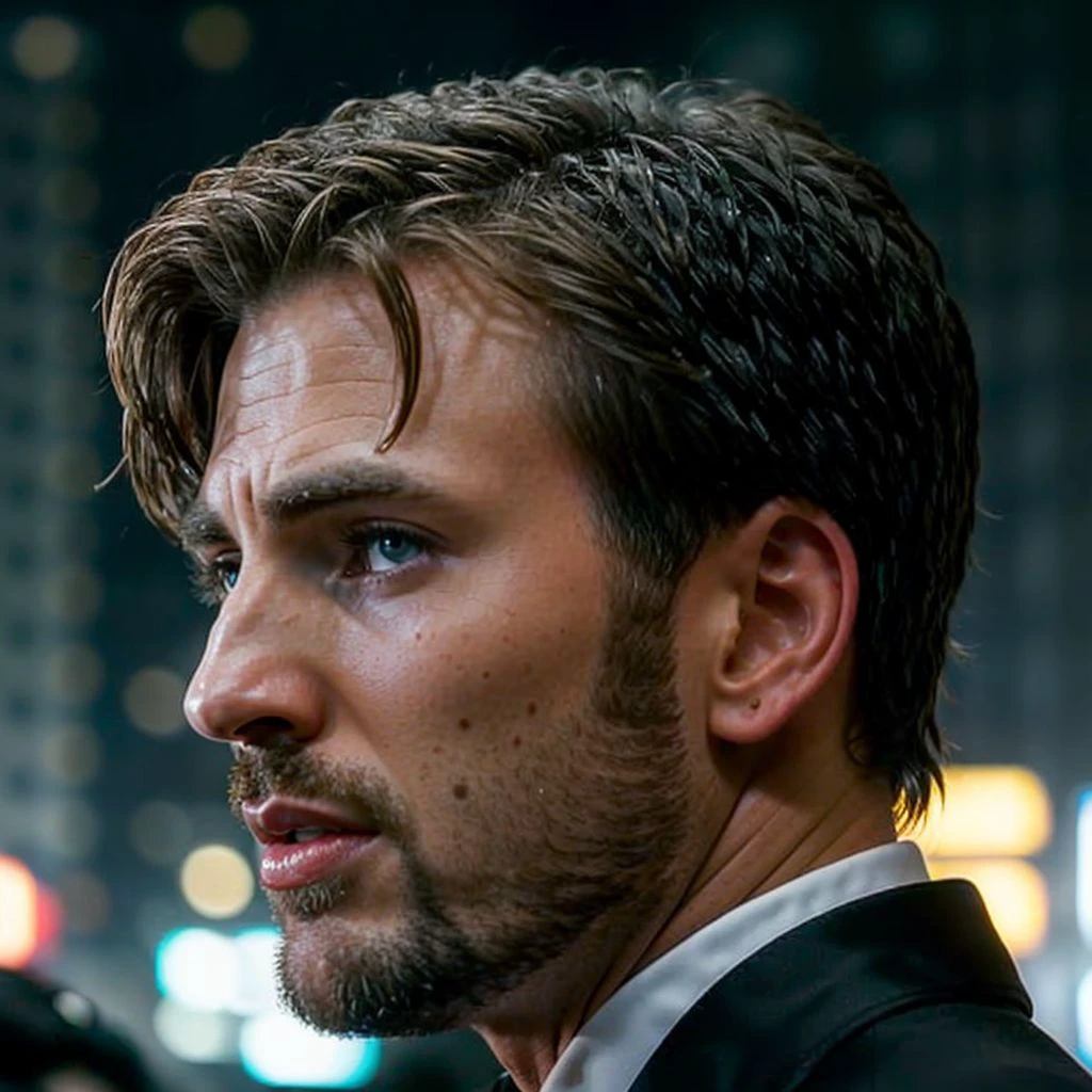 face portrait of chrisevans person using a tuxedo, in blade runner, professional photography, high resolution, 4k, detailed photo, <lora:chrisevans_144450:1>