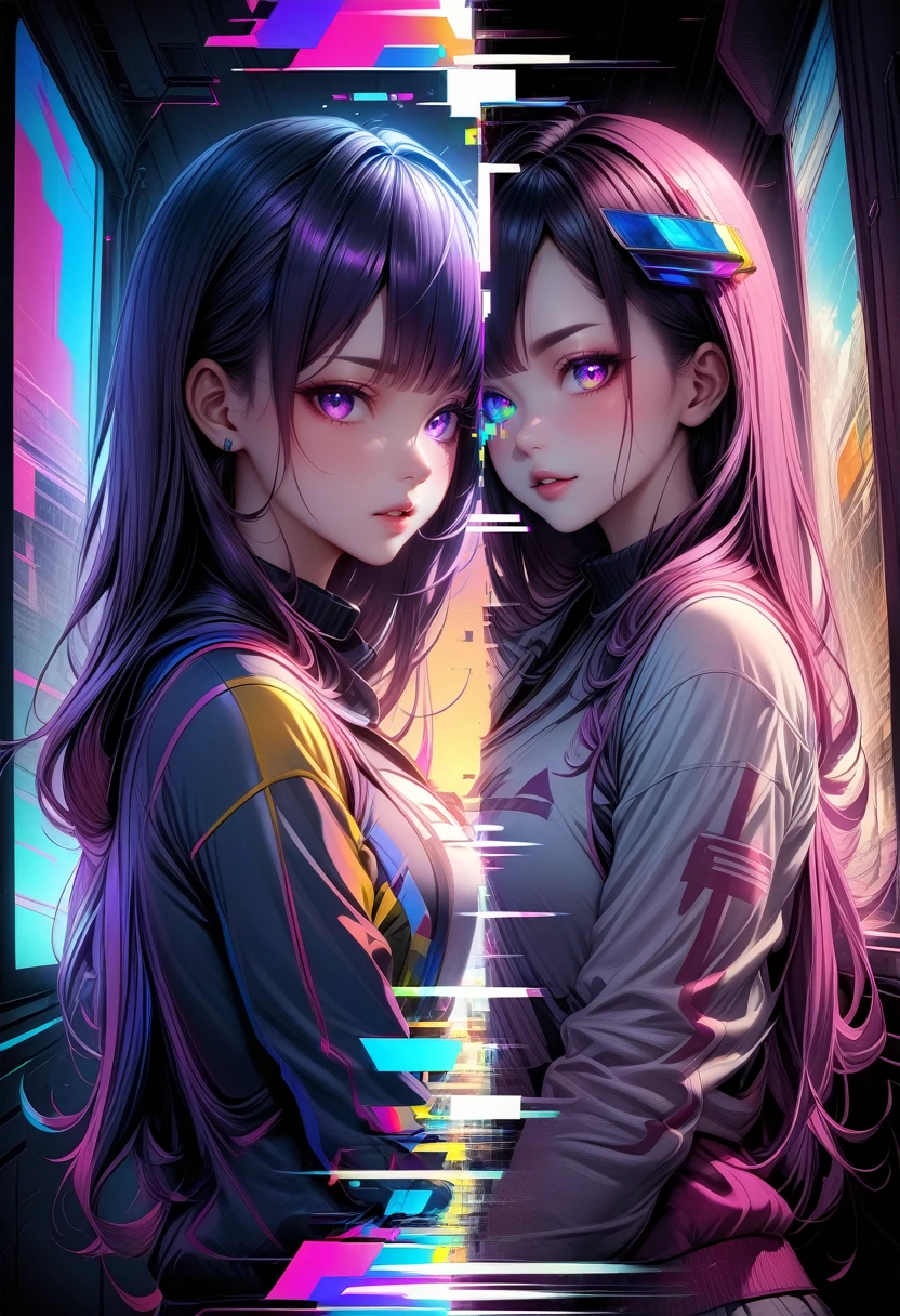 long hair beautiful girl anime hair flouresente hair shinier, neon purple color mixed with neon orange