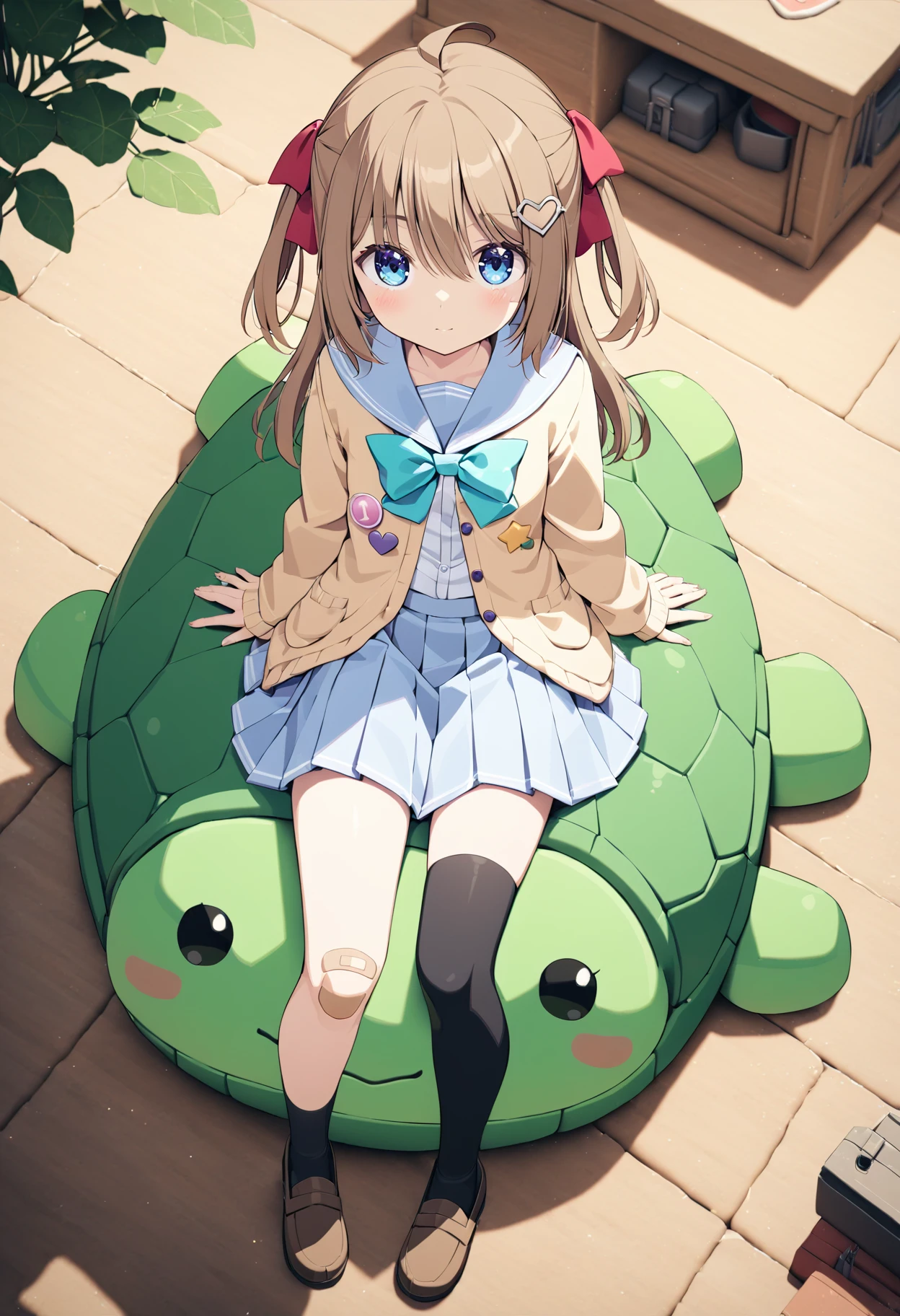 1girl, neuro-sama, (yuzu modoki:1.22), black thighhighs, black kneehigh, bandaid on knee, (asymmetrical legwear), loafers, brown footwear, looking up, looking at viewer, from above, sitting sidesaddle on giant turtle, full body, blue eyes, aqua bow, yellow cardigan, open cardigan, blue sailor collar, blue skirt, pleated skirt, turtle, (purple heart), button badge, star \(symbol\), drone, the number "1" on a badge, red ribbon, hair ribbon, two side up, heart hair ornament, long sleeves, ahoge, light brown hair, natural lighting, (masterpiece, best quality), detailed scenery, (3d render:0.7), highly detailed, finely detailed, single tail, <lora:neurosama_animaginexl_3-15:0.7>