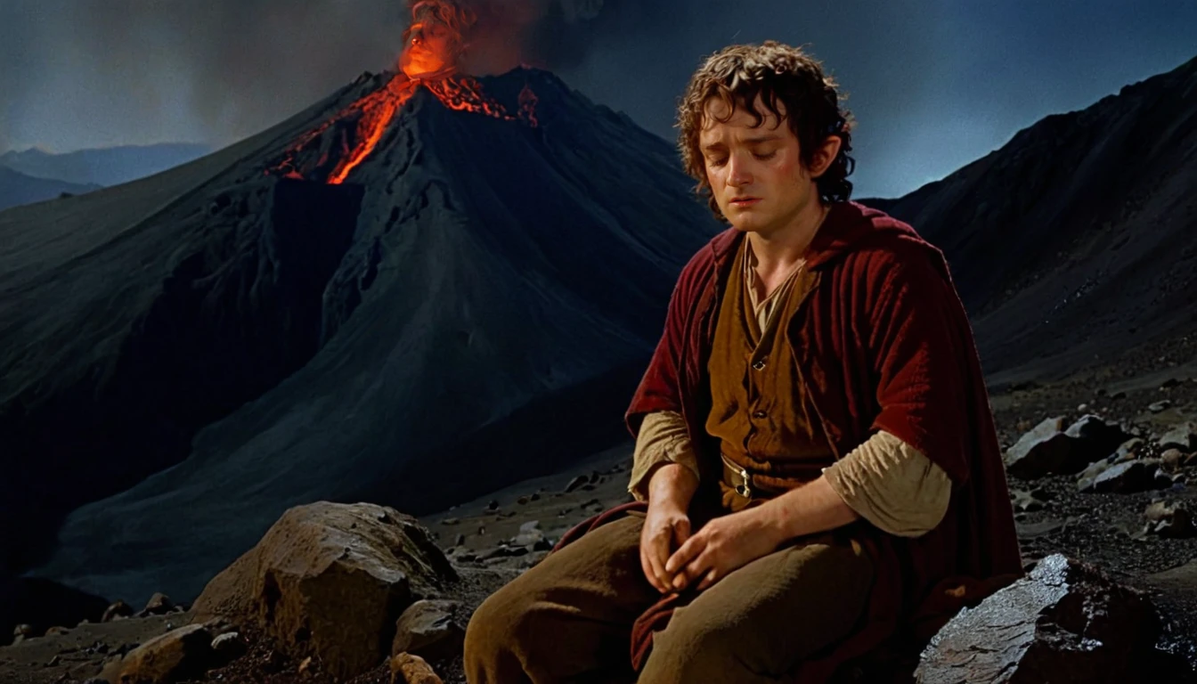 frodo, dirty, dressed in ragged hobbit clothes, eyes closed, resting on the slopes of mount doom, tired, ((head down)), night, rocks, volcano, smoke, dark, <lora:badquality_v02:1> bad quality