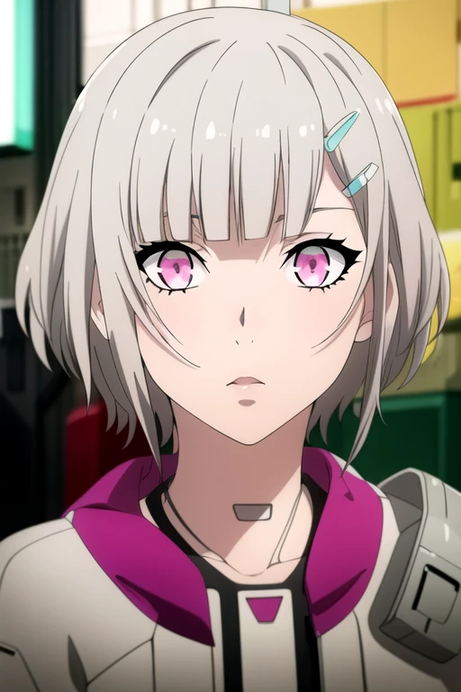 photorealistic, (4k), depth of field, (Masterpiece), (realistic skin texture), extremely detailed, intricate, hyper detailed, high resolution, professional photography, , depth of field, sharp detail, best quality, looking at viewer, 1girl, solo, <lora:ada_synduality_noir:0.86>, ada_synduality_noir, grey hair, pink eyes, bangs, , hair ornament, hairclip, zombie cheerleader costume, hotel, 8k resolution
