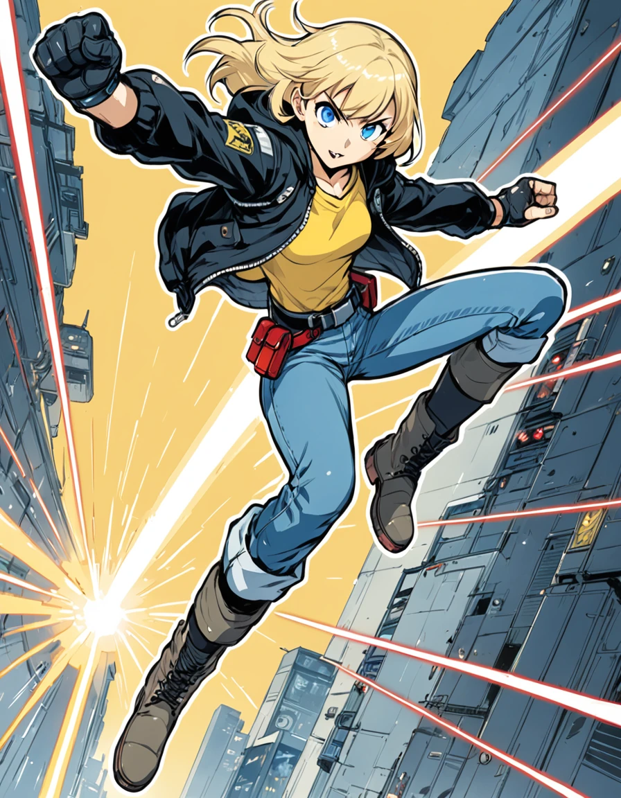 masterpiece,best quality,1girl,samn, <lora:SamnXL:0.7>,style of masamune shirow,blonde hair,blue eyes,glove,((single glove)),jacket,hoodie,belt,jeans boots,jumping in midair,dodging laser beam,action shot