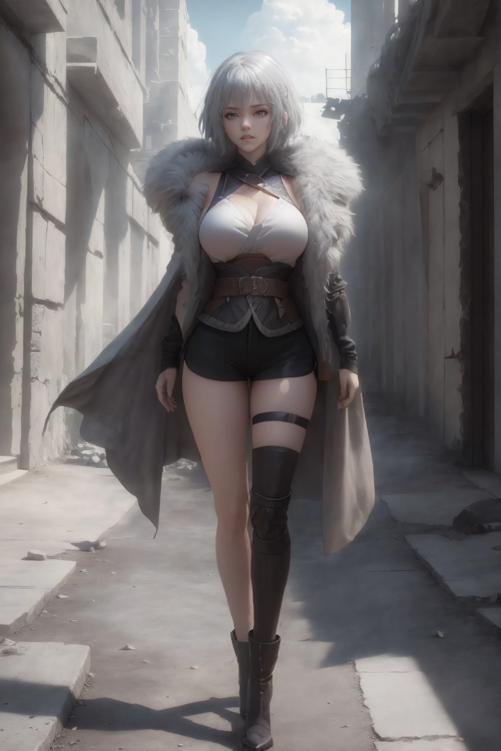 baiyuekui,solo,full body,gray fur cape,single thighhigh,asymmetrical legwear,black shorts,boots,black footwear,belt,high heels,thigh strap,
outdoors,War ruins,
narrow waist,wide hips,large breasts,white hair,short hair,
(photorealistic:1.4),(masterpiece,best quality,ultra_detailed,highres,absurdres:1.2),
<lora:neg4all_bdsqlsz_V3.5:1>,<lora:baiyuekui_SD15_V3:0.65>,