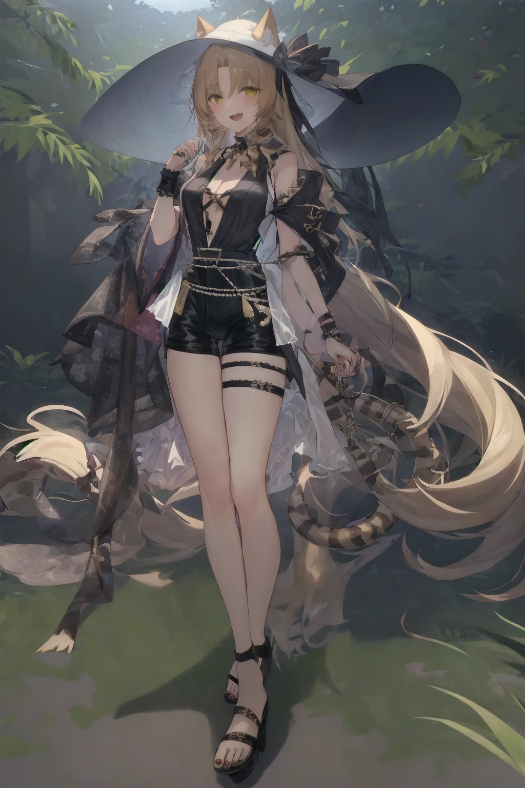 (extremely detailed fine touch:1.2), (natural light, sun light, light rays, dappled light, reflection, shadows, ray tracing:1.2), masterpiece, best quality, highly detailed,
<lora:swire_aliter:0.9> swire_aliter, yellow_hair, 1girl, animal ears, bare shoulders, blonde hair, breasts, full body, hat, holding, long hair, looking at viewer, low-tied long hair, nail polish, official alternate costume, open mouth, sandals, shorts, smile, solo, swimsuit, tail, transparent background, very long hair