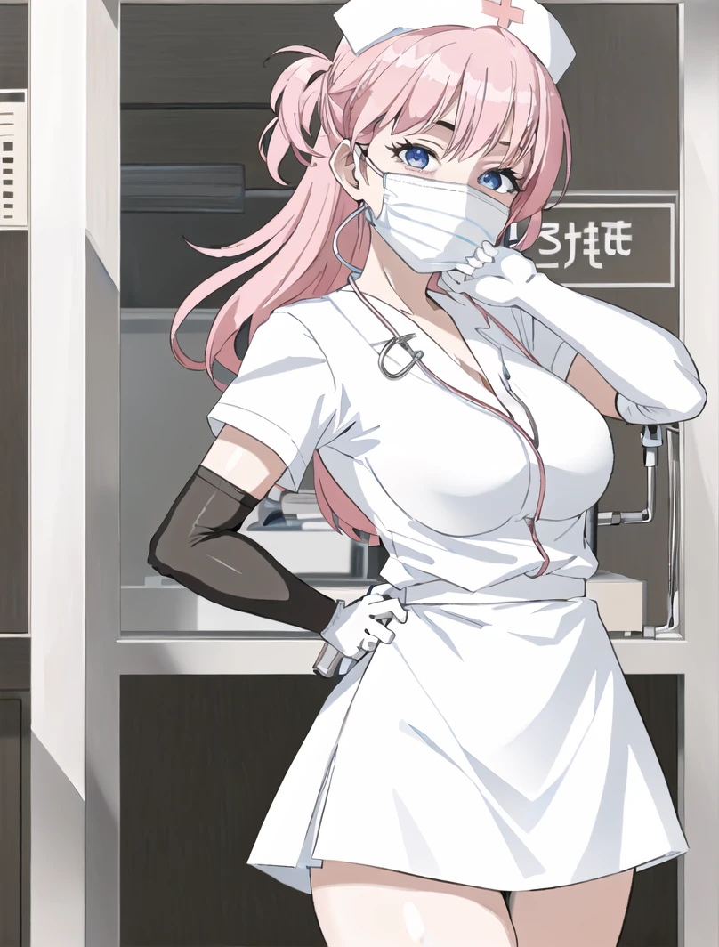 ((masterpiece, best quality, high quality)),1girl, (lower body, hospital), <lora:Old_nurse_3dg:0.6> (nurse_uniform_big, mask, nurse cap, mouth mask, nurse, surgical mask, elbow gloves),