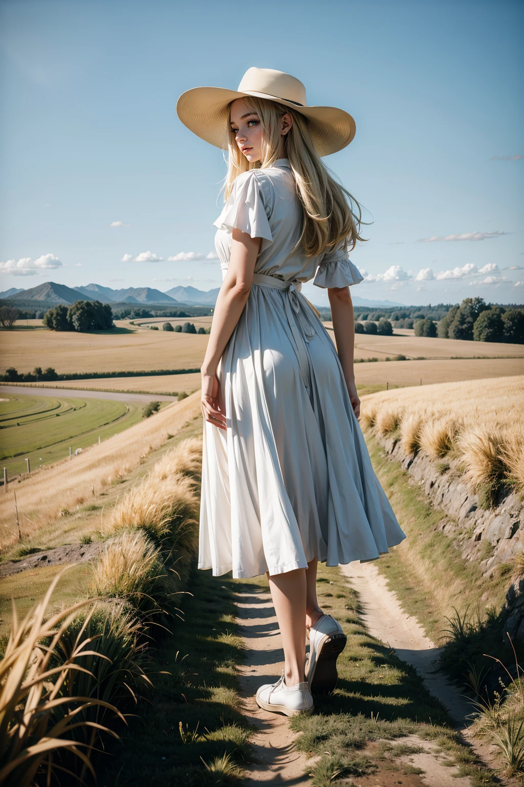 8k,highres, best quality,1girl,looking away, white hat, field, white dress, blonde, gress, full body,