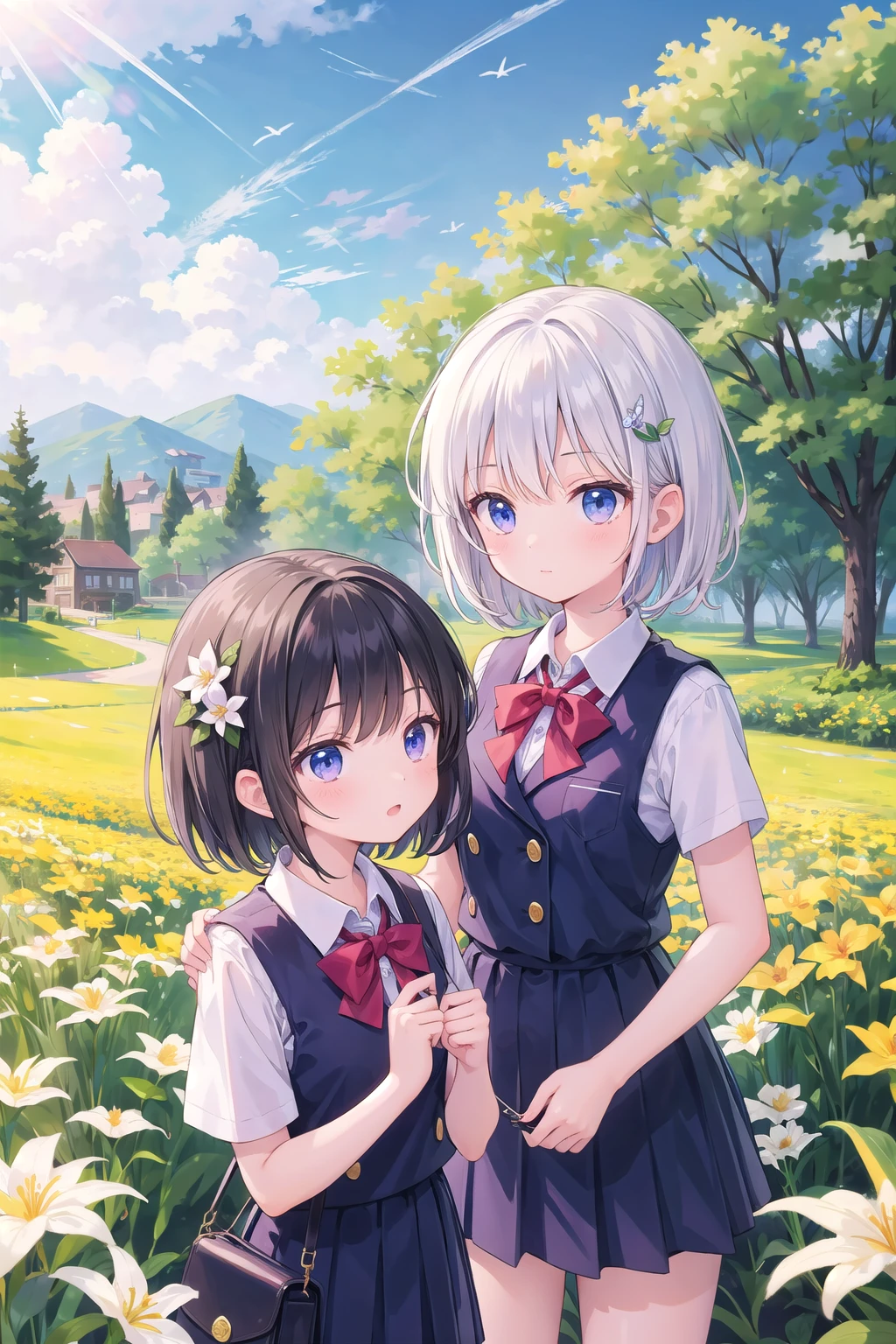 (masterpiece), 2girls, short hair, school uniform, flower hairornament, flower field, lilly