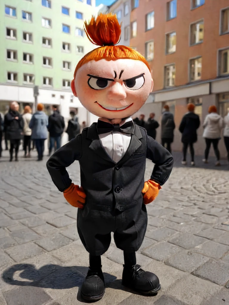 Moomins, mumintrollen, 3D, little mu, solo, orange hair, full body, street in Helsinki background, bow, bowtie, male focus, standing, black eyes, shadow, smile, hands on hips, gloves, bowtie<lora:Moomin-0000091 (2):1>