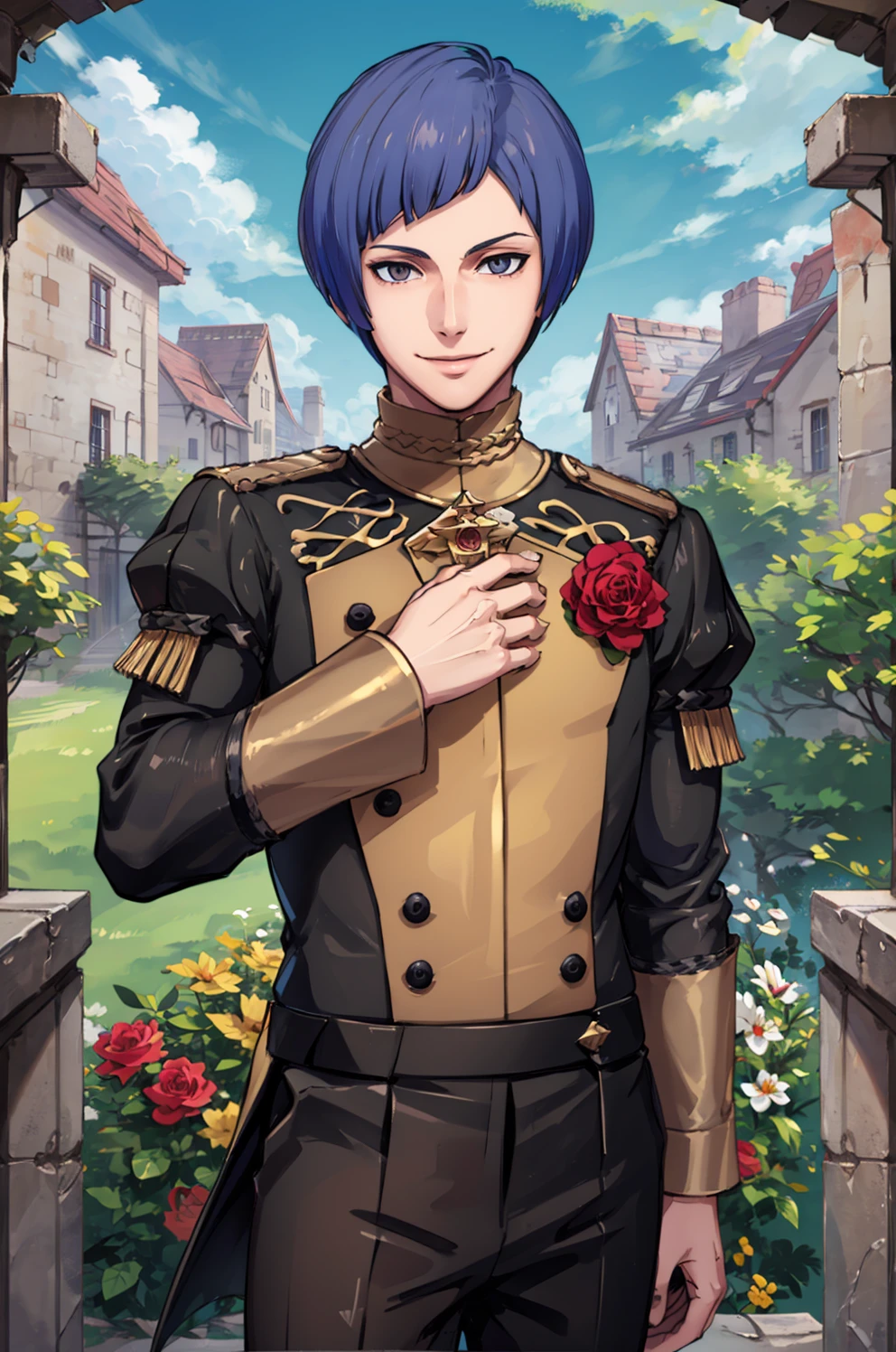 masterpiece, garden, sky, cloud, 1boy, solo, looking at viewer, smile, <lora:LorenzFE3H:0.7> defLorenz, garreg mach monastery uniform, rose