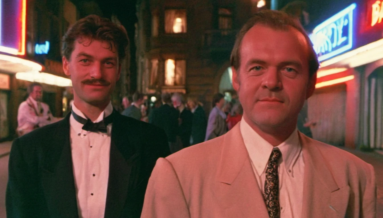 portrait photo of a german man outside a night club, morning, 1990, tuxedo, suit, <lora:badquality_v02:1> bad quality