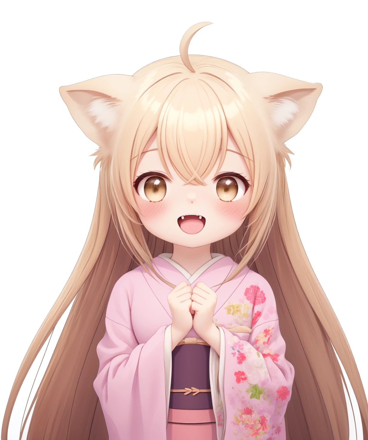 <lora:yuzu (konohara kitan):1> yuzu \(konohana kitan\),   1girl, solo, upper body, long hair, hair between eyes, ahoge, fangs, looking at viewer, blush, open mouth, :d, white background, pink kimono, obi