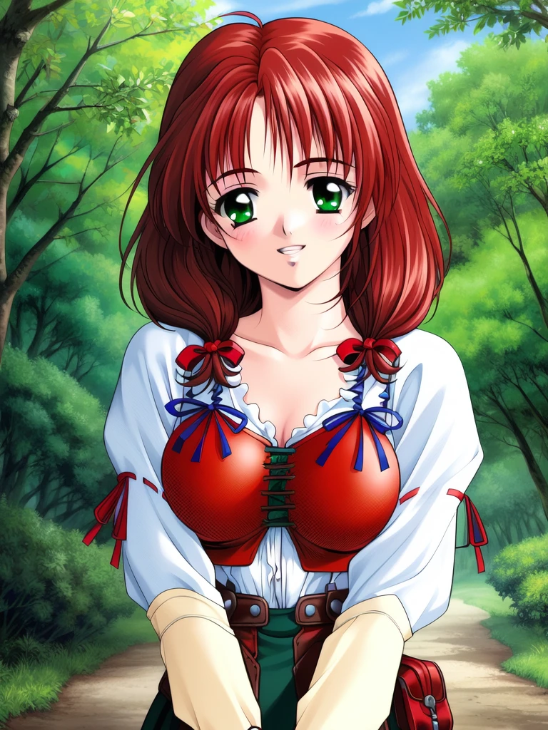 (tmasterpiece, beste-Qualit, 1girl:1.2, solo:1.3), Lyubava, hairlong, green colored eyes, brown-hair, braid, ((A red hat with yellow circles)), headdress, blush stickers, freckles, Droplets of sweat, sauna, stocklings, Flirtation, humble, smile, Sun light, tiny thighs, thights, flat torso, sexypose, pussy, spread legs, nude body, wet skin