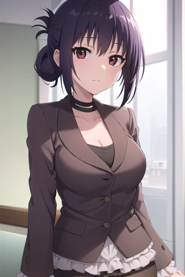 satorimagiru, <lora:satori magiru s2-lora-nochekaiser:1>,
satori magiru, black hair, (brown eyes:1.5), folded ponytail,
BREAK thighhighs, cleavage, choker, zettai ryouiki, garter straps, pencil skirt, jacket, frills, long sleeves, black jacket, collarbone,
BREAK indoors, classroom,
BREAK looking at viewer, (cowboy shot:1.5),
BREAK <lyco:GoodHands-beta2:1>, (masterpiece:1.2), best quality, high resolution, unity 8k wallpaper, (illustration:0.8), (beautiful detailed eyes:1.6), extremely detailed face, perfect lighting, extremely detailed CG, (perfect hands, perfect anatomy),