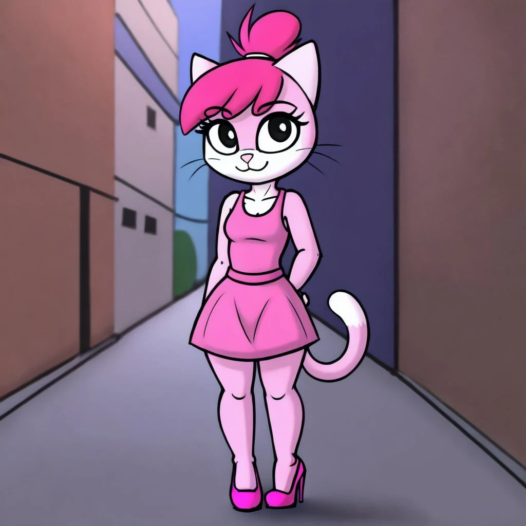 <lora:slave_kitty-50:0.5>
masterpiece, 1girl, female, solo,
slave_kitty,  cat, cat tail, pink fur, dark pink hair, ponytail, black eyes, black pupils, pink dress, pink high heels,
side street background, detailed background,