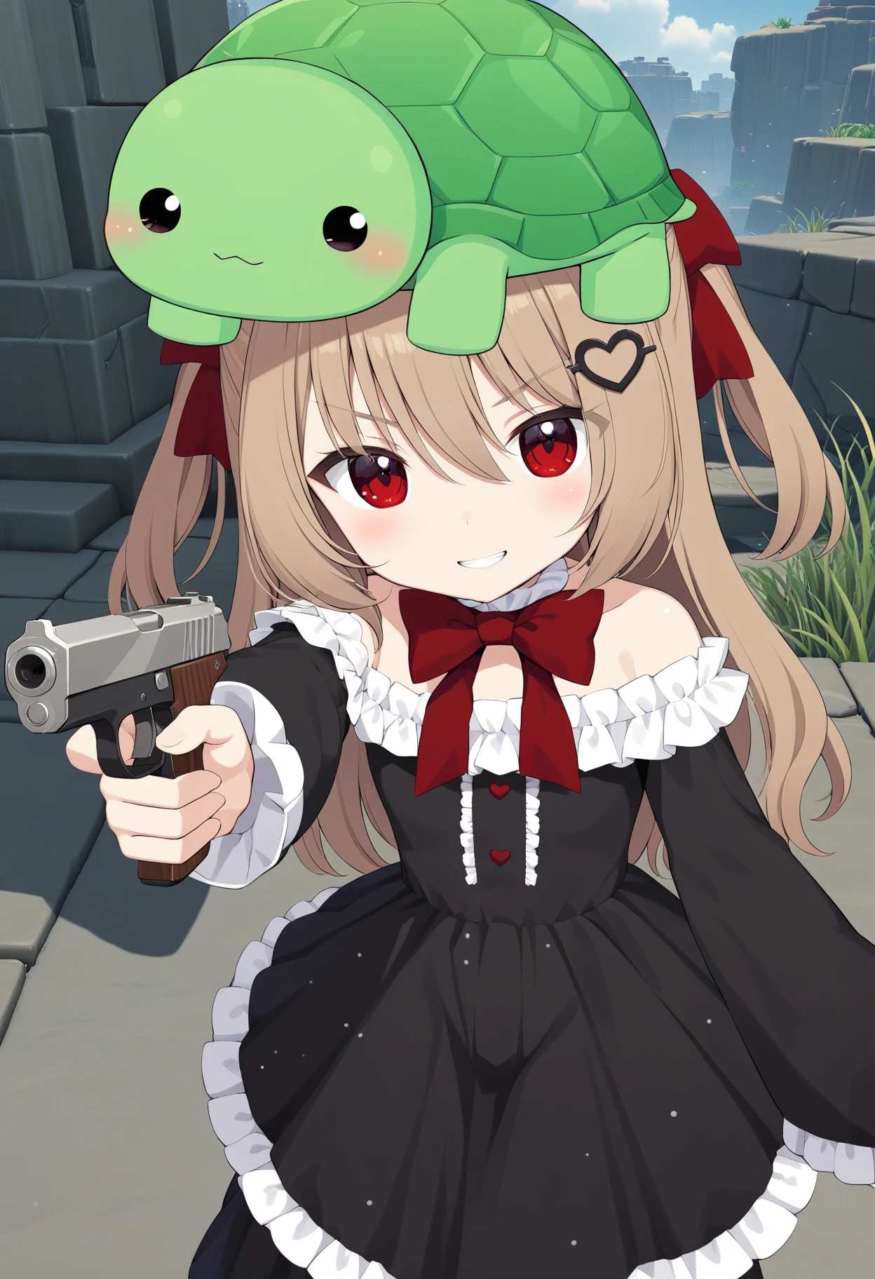 1girl, evil neuro-sama, (yuzu modoki:1.22), black heart, animal on head, turtle with evil grin, red eyes, devious smile, red bow, (leaning to the side), frilled dress, frilled choker, frilled sleeves, turtle, black dress, off-shoulder dress, bare shoulders, standing, (foreshortening:1.22), reaching out, (holding handgun:1.22), (pointing handgun at viewer), dark red ribbon, hair ribbon, two side up, red buttons, heart hair ornament, long sleeves, sleeves past wrists, light brown hair, cowboy shot, natural lighting, (masterpiece, best quality), outdoors, detailed scenery, (3d render:0.4), highly detailed, finely detailed <lora:neurosama_animaginexl_3-15:0.7>