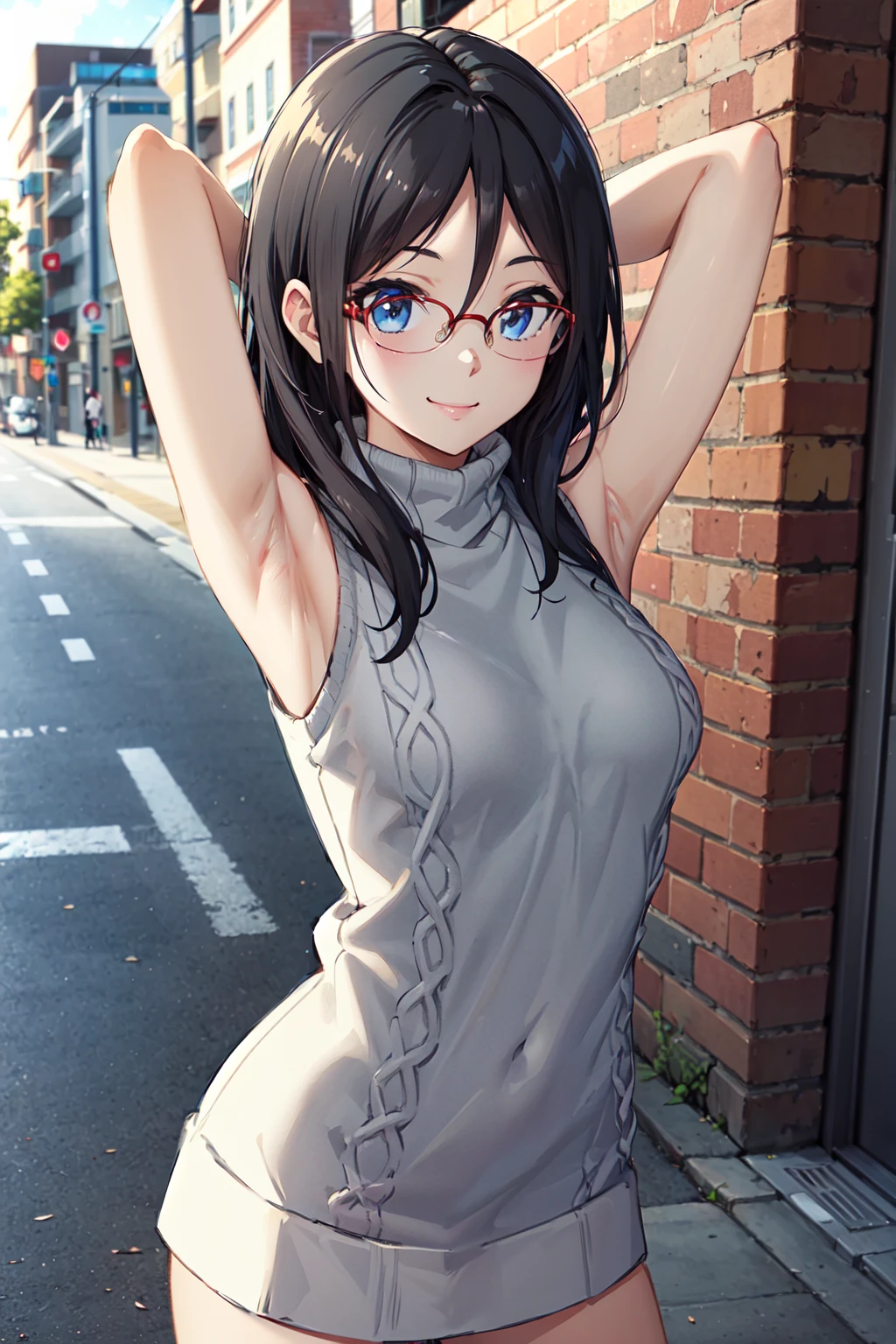 Girl, blue short, Unbuttoned Blouse, Blouse on a naked body, You can see her breasts, Bare breasts, chest visible, street background, Narrow passage between houses, night, rain, slim body, In full growth, Sneakers , Bare breasts, She threw open her hands, small breast