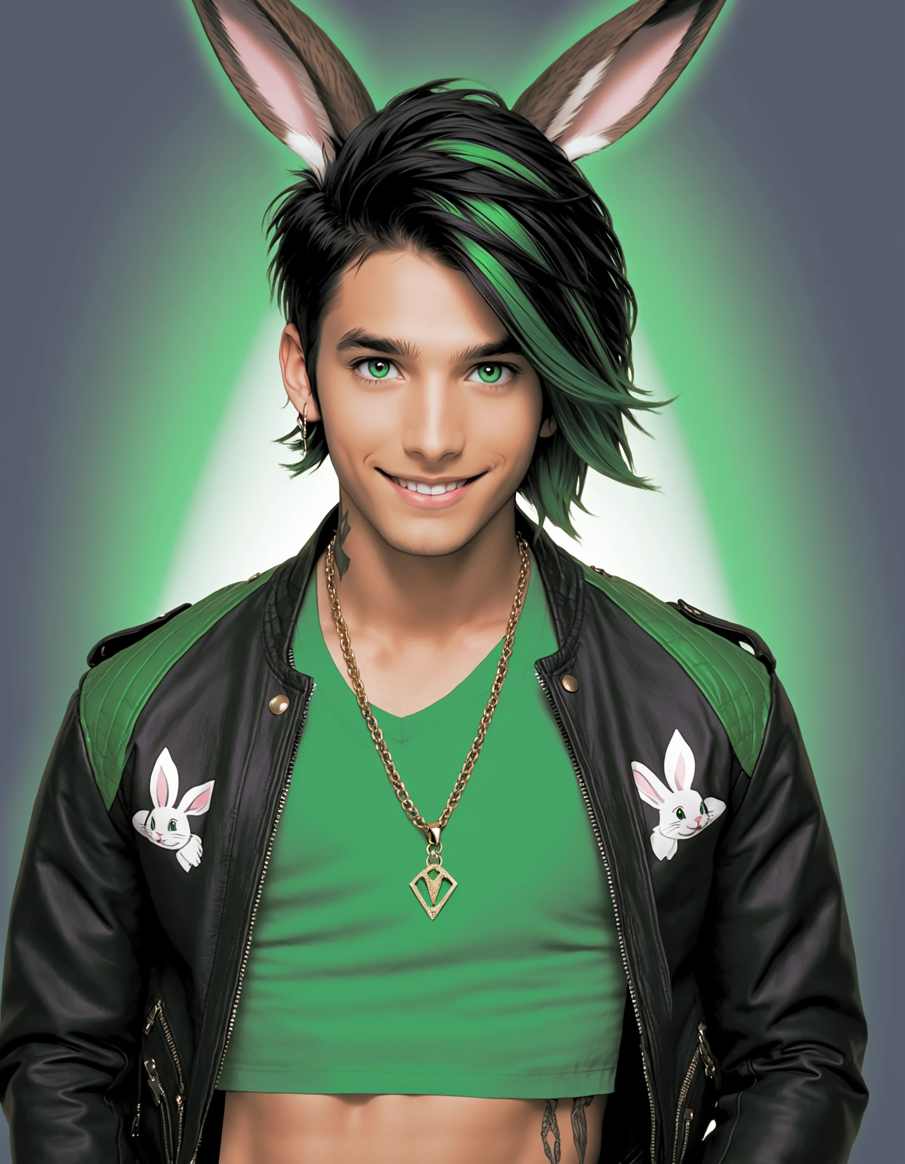 Mj Osea Style, solo, looking at viewer, smile, shirt, black hair, 1boy, jewelry, green eyes, jacket, upper body, male focus, green hair, open clothes, necklace, open jacket, lips, black jacket, crop top, tattoo, rabbit ears, pendant, leather, leather jacket, cinematic lighting, masterpiece, best quality ,  <lora:MJ-OSEAXL:0.8>
