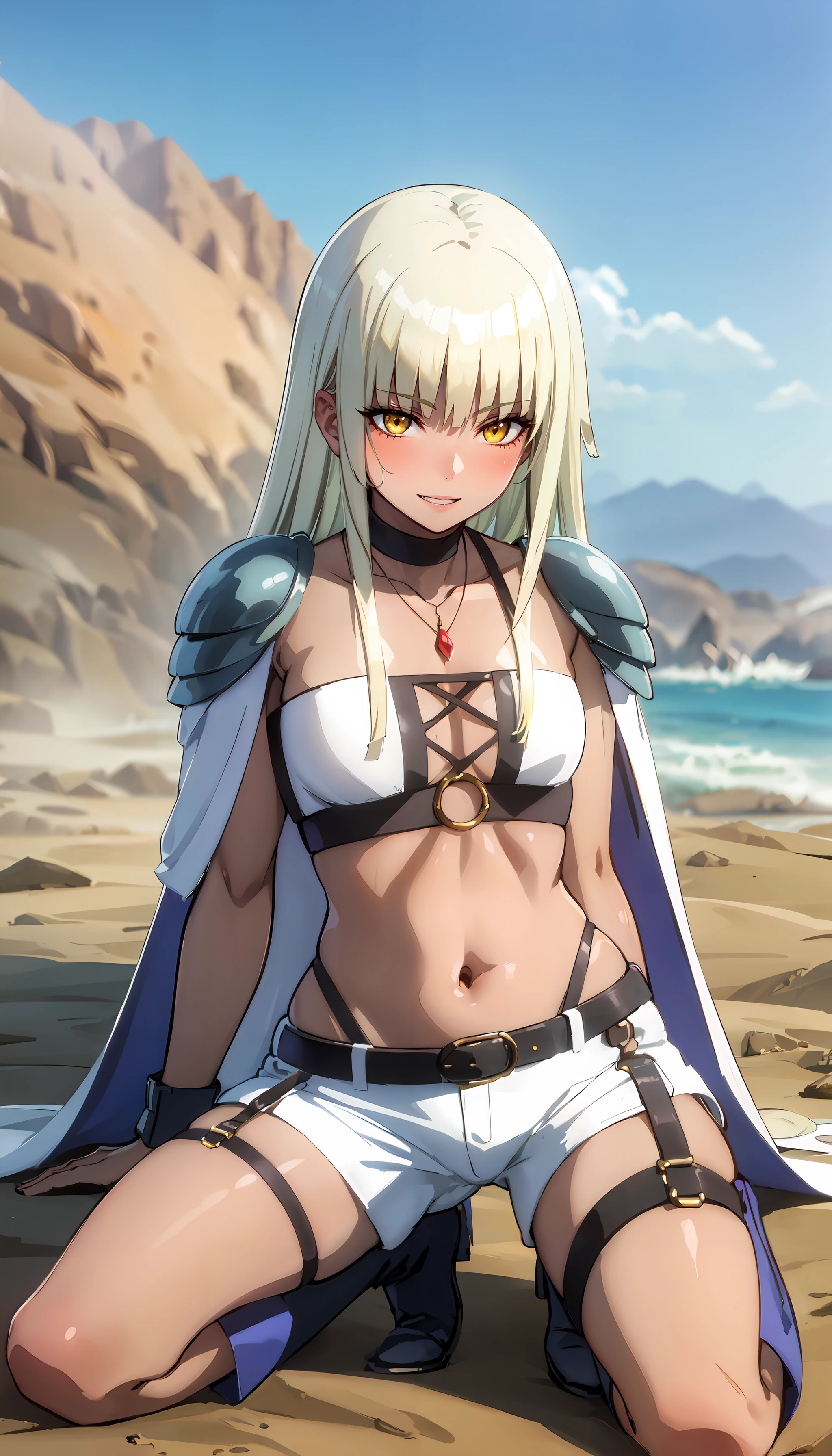 photorealistic, (4k), depth of field, (Masterpiece), (realistic skin texture), extremely detailed, intricate, hyper detailed, professional photography, bokeh, high resolution, sharp detail, best quality, woman, tanned skin, long hair, blonde hair, yellow eyes, white top, white shorts, white cape, white boots, shoulder pads, choker, necklace, black belt, leather leg harness, leather straps, leather garter, petite, solo, <lora:GoodHands-beta2:0.8> , <lora:detail_slider_v4:0.8> , lotus position, dynamic pose, <lora:Navarre Polar-000004:0.8> , sand dunes, desert, vast emptiness, sandstorm, flying sand,