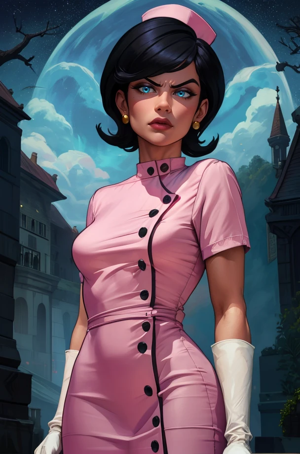 Girlfriend,black short hair,earrings,blue eyes,serious,
short white gloves,very small nurse cap,pink dress,
standing,upper body,
evil lair,night,
(insanely detailed, beautiful detailed face, masterpiece, best quality),solo,<lora:Gfriend:0.8>,