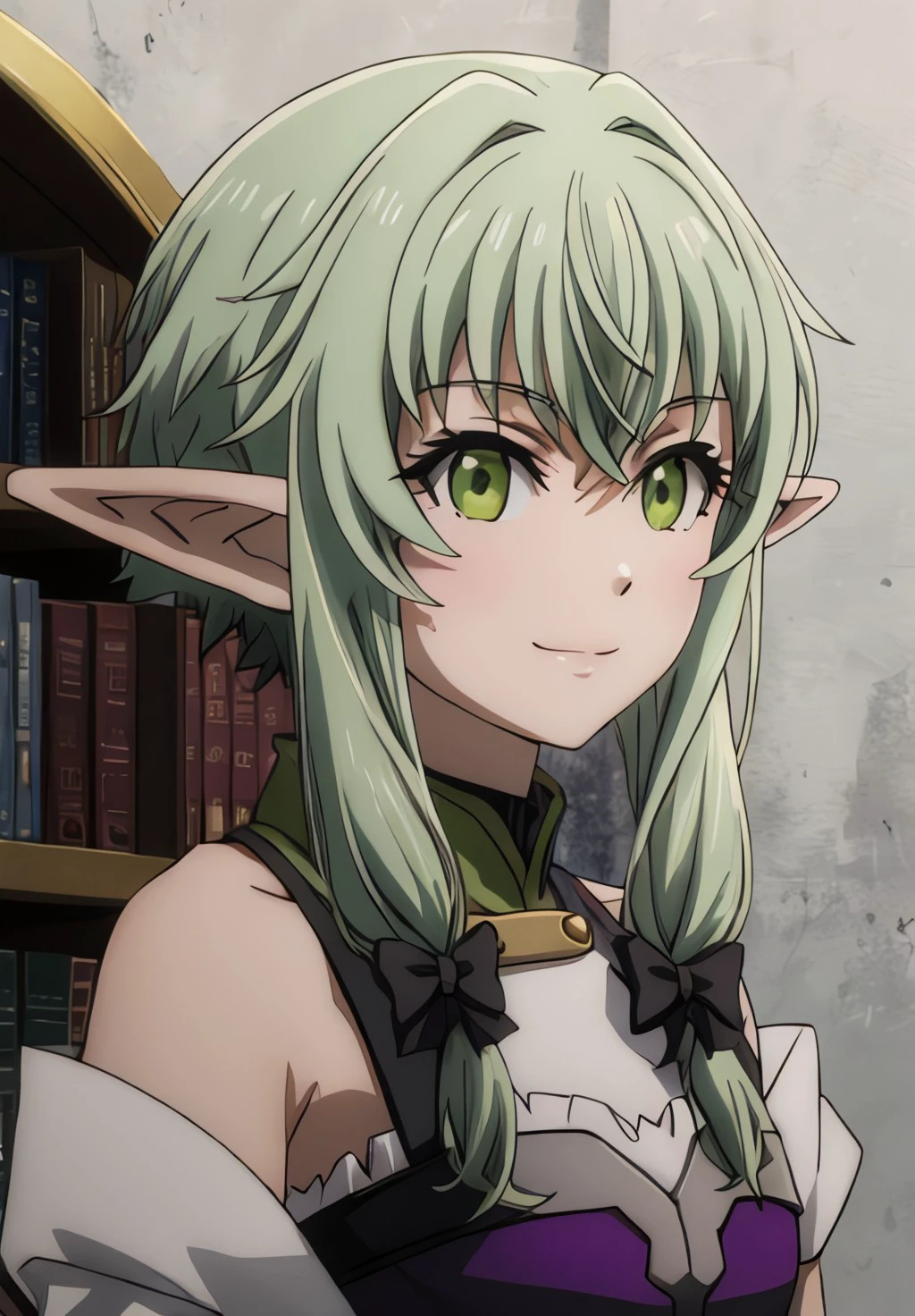 <lora:GoblinSlayer:0.8>, GoblinSlayer, HighElfArcher, solo, looking at viewer, smile, bow, bare shoulders, closed mouth, hair bow, indoors, looking to the side, black bow, parody, portrait, meme, split mouth, anime coloring