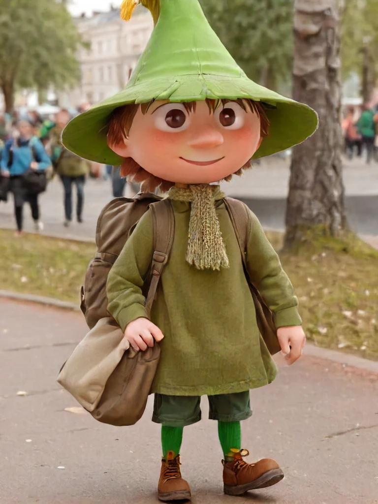 Moomins, 3D, mumintrollen, Snufkin, snufkin, hat, backpack, 1boy, bag, male focus, smile, brown hair, holding strap, solo, scarf, outdoors, blurry background, blurry, long sleeves, male child, green headwear, brown eyes, short hair, green shirt, child, tree, upper body, brown scarf, Picadilly Circus background<lora:Moomin-0000091 (2):1>