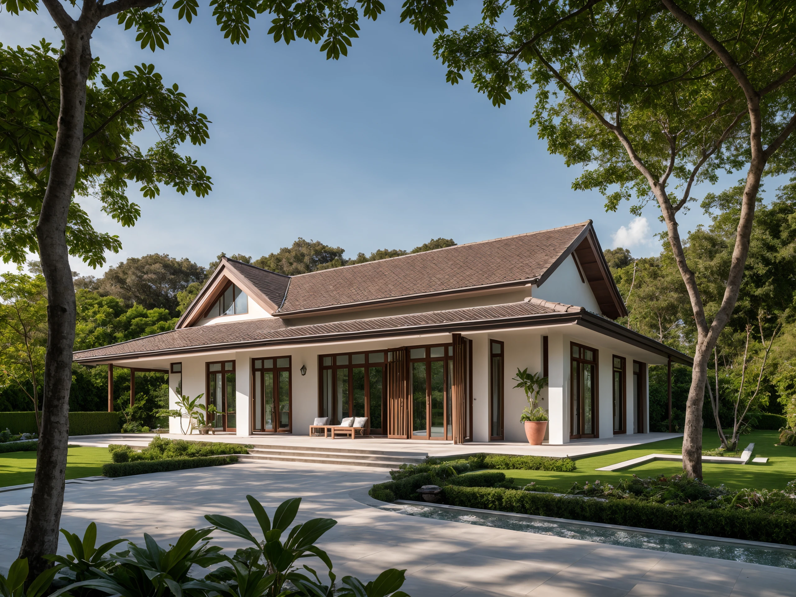 Picture a modern countryside villa exterior, featuring a sloped roof, ((stone)), a spacious courtyard with expansive green lawns, and tropical trees, surrounded by a lively morning atmosphere filled with genuine sunlight, Photography, use a wide-angle lens on a professional-grade camera to capture the authenticity of the scene,
RAW photo, (high detailed skin:1.2), 8k UHD, DSLR, soft lighting, high quality, film grain, Fujifilm XT3 <lora:epi_noiseoffset2:0.3> <lora:add detail:0.3>
<lora:3ArchiAI_countryvilla:0.15> 3ArchiAI_countryvilla