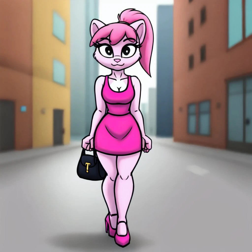 <lora:slave_kitty-50:0.5>
masterpiece, 1girl, female, solo,
slave_kitty, cat, cat tail, pink fur, dark pink hair, ponytail, black eyes, black pupils, pink dress, high heels,
side street background, detailed background,
female bag, side view,
night time, female bag, prostitution, bedroom eyes, looking at viewer, spiky collar, spiky bracelets, leg leather, tongue