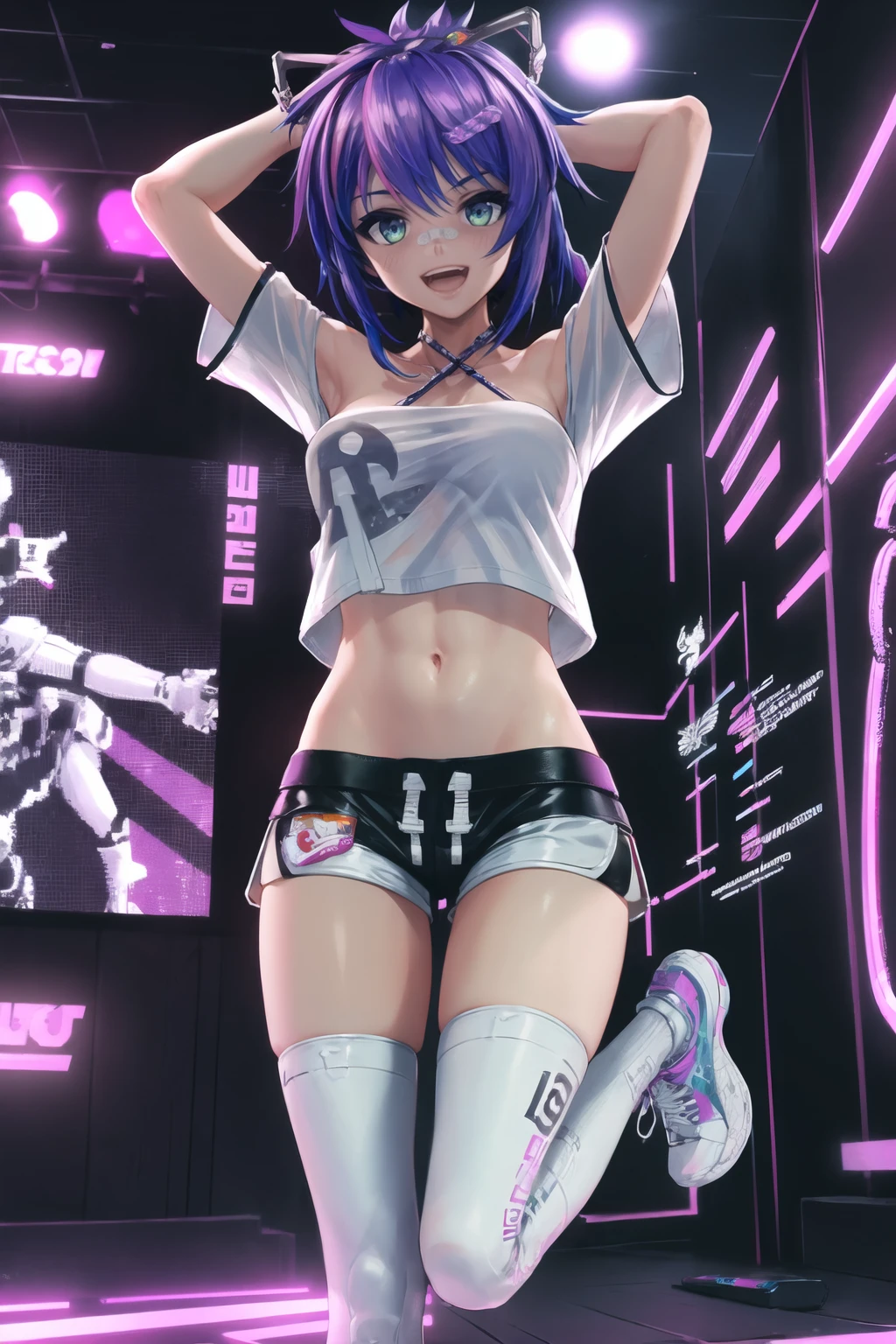 (best quality), indoors, (cyberpunk city:1.2), jumping, arms up, midair, 1girl, solo, ProjektMelodyOriginal, bandaid on nose, short hair, ponytail, hair ribbon, hairclip, medium breasts, <lora:ProjektMelodyOriginal_V1-Manityro:1.0>, toned, looking at viewer, smile, happy, open mouth, halterneck, strapless, white shirt, print shirt, off-shoulder shirt, crop top, short sleeves, micro shorts, white shorts, white sneakers