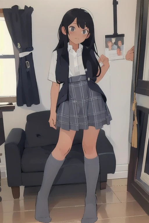 (masterpiece, best quality), 1girl,  <lora:catholic_schoolgirl_uniform_6000_lora_f32:1> catholicschoolgirl, white button-down shirt, grey plaid skirt, dark grey knee socks