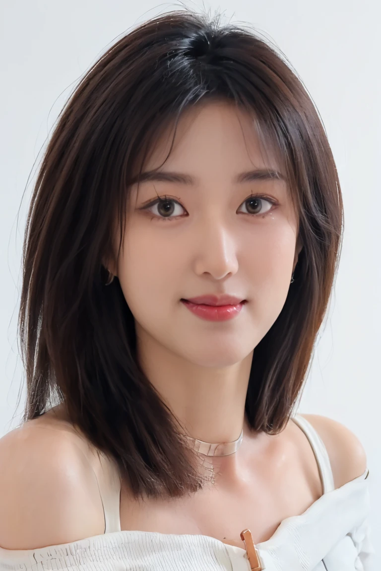 (masterpiece, top quality, best quality, (close-up photograph: 2), ((1girl)), korean, fair skin, (extremely detailed face), ((looking at viewer)), ((((ultra-detailed eyes and pupils)))),((((ultra-detailed lips)))) cheekbone, plump cheeks, ((bare pectorals)), ((bare chest)), ((tube dress)), bare head, ((bare shoulders)), symmetrical frame, (((strapless))), ((closed lips)), (((smile))), ((symmetrical pose)), (symmetrical face: 1.6), 35mm, ((((minimal plain white background)))), ((no lighting)), long hair, no watermark, ((medium hair)), <lora:shiqing:0.7>