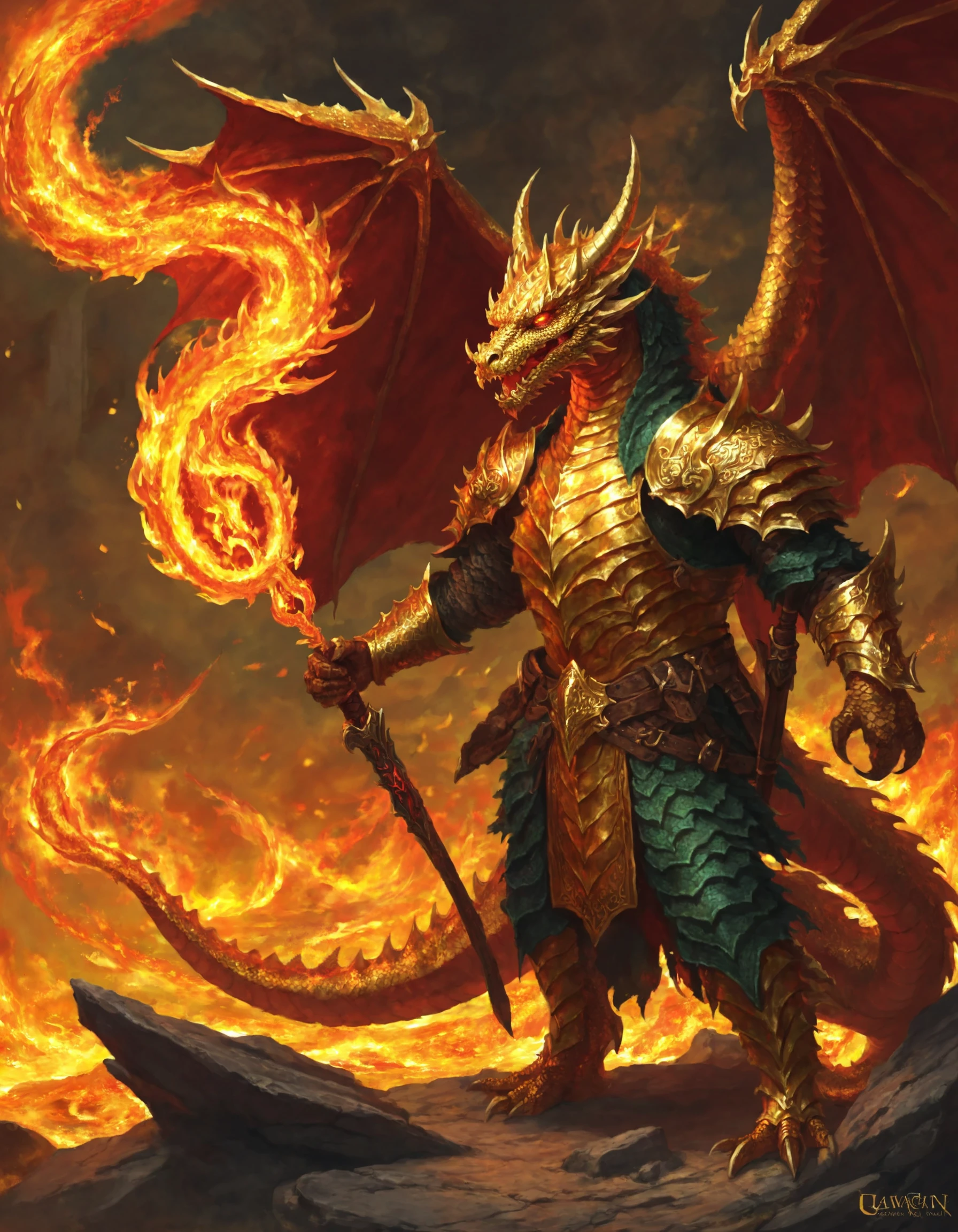 glam fantasy, Dragon guards gold hoard, Fire and scales, ancient warden, Legend's fiery breath