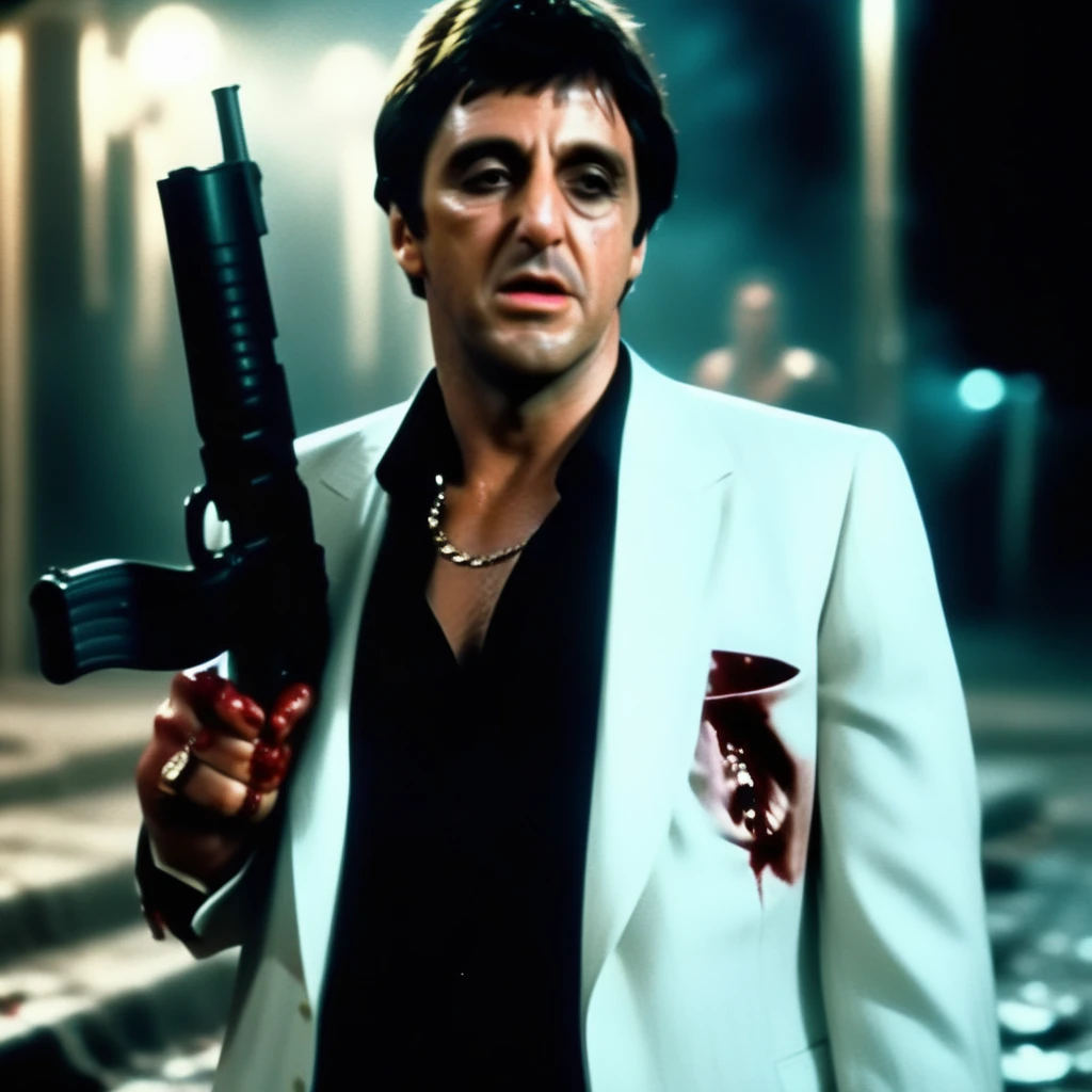 Ultra-realistic extremely detailed real life 8k masterpiece of a man 80s scarface holding little friend gun in a dark alley at night, zombies everywhere, horror scene, extremely detailed facial features, dark scary epic lighting, horror composition <lora:80s scarface:0.7>