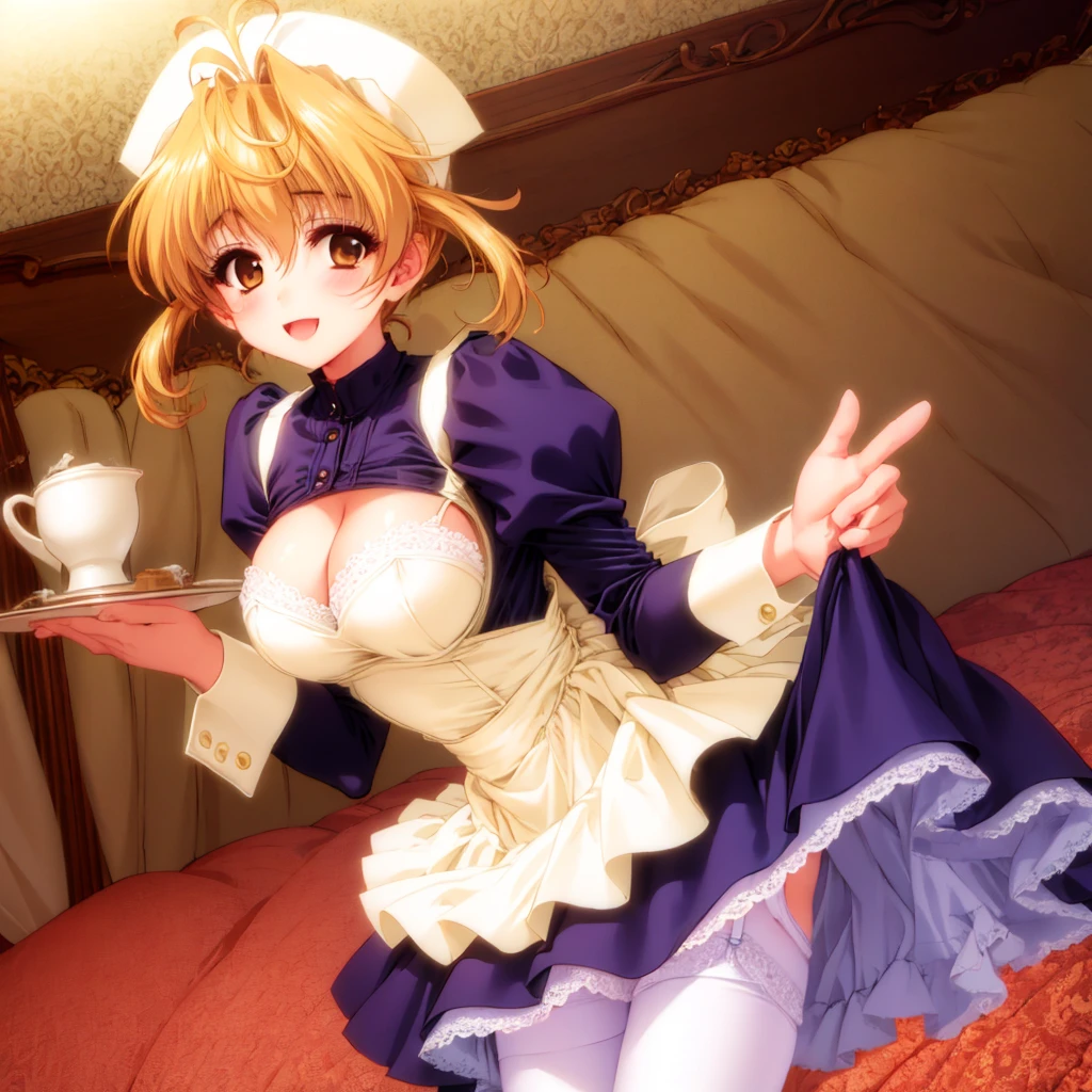 (masterpiece, best quality:1.2),cowboy shot, solo, 1girl,smile, looking at viewer, holding tray, twintails, large breasts, head scarf, waitress, indoor,
<lora:sayakakuriharaV1:0.6>,sayaka_kurihara,maid,pantyhose, white pantyhose, petticoat, long sleeves, hat, apron, short hair, dress,blonde_hair,brown_eye,antenna hair, lingerie,lace-trimmed legwear, garter belt,lace trim,long_skirt,