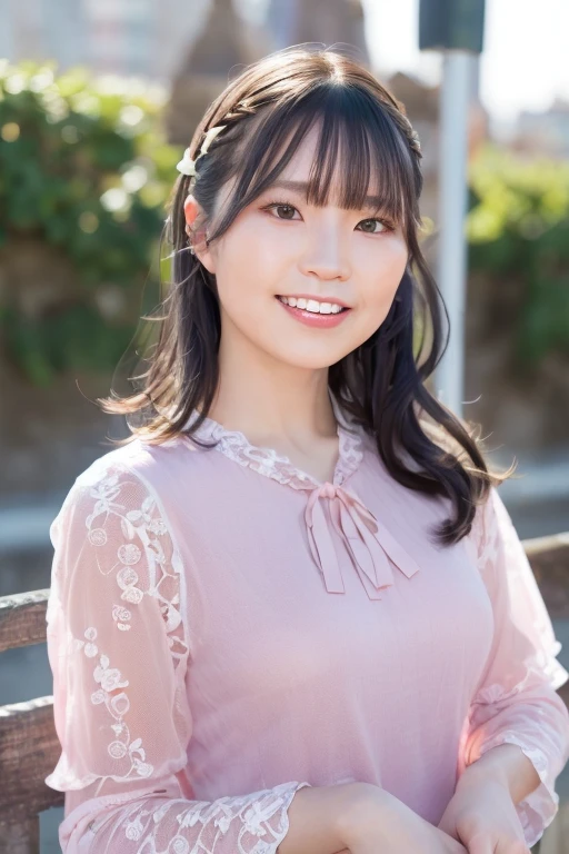1girl, (pink sheer blouse:1.6),(RAW photo, best quality), (realistic, photo-realistic:1.8), masterpiece, an extremely delicate and beautiful, extremely detailed, 2k wallpaper, Amazing, finely detail, extremely detailed CG unity 8k wallpaper, ultra-detailed, highres, soft light, beautiful detailed girl, extremely detailed eyes and face, beautiful detailed nose, beautiful detailed eyes,cinematic lighting,(in the city:2.4),perfect anatomy,(slender body:1.6),(close up face:1.6),(laugh,friendly, warm:1.8),(looking at viewer from front:2.0),(young japanese idol:1.8),(wavy long hair:1.8), (brown eyes:1.8), (posing:1.8),<lora:igomayurie_lora-11:0.8>