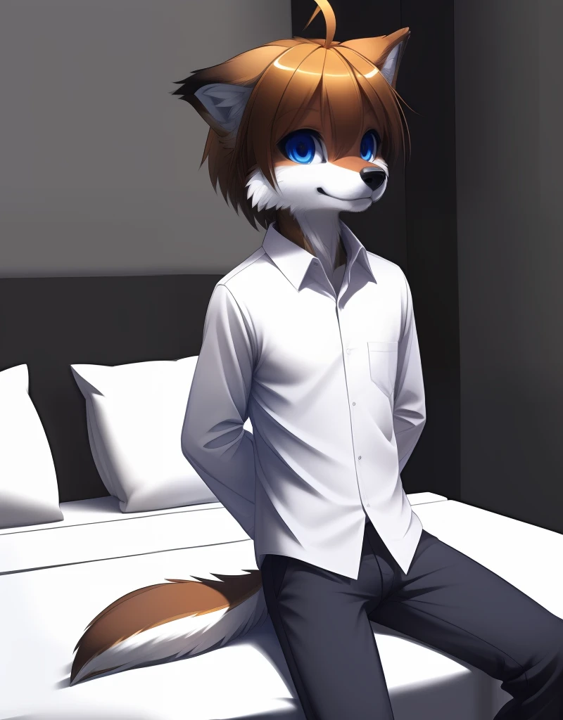 (((detailed eyes, detailed face))), (furry, gaku <lora:character_gaku_findigo_v3+1:1>, short hair, ahoge, dog boy, snout, half-closed eyes, narrow eyes), male, (solo), (skinny, tall), (white shirt, grey pants), sitting, (arms behind back), smile BREAK (konzaburou, ukan_muri), bedroom, (flat shading, flat color, high brightness), 8k, UHD, masterpiece, (full body)