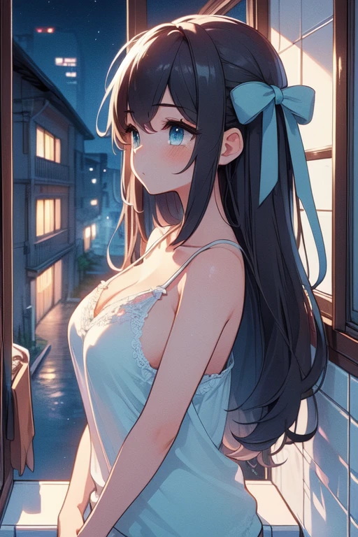 (((masterpiece))),  (((best quality))), (((window views))), (((from side))), (((overlooking night alley))), ((mint camisole)), white tile walls, solo, 1girl, cleavage, big tits, collarbone, longhair,  ribbon, petite figure proportion, <lora:girllikewindowviews:1>