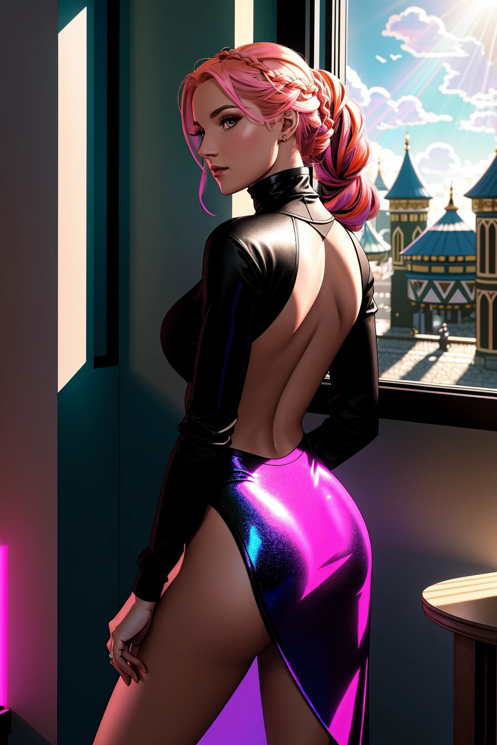 masterpiece of illustration, photorealistic highly detailed professional 8k traditional media image, best hand-drawn quality, volumetric real-time lighting and shadows, **Natural Window Light**: Uses natural sunlight coming through a window for a soft and flattering illumination, 360-Degree Aerial View of a Festival, Fairytale Witch, Lean Column: Slim and slender with minimal curves and an elongated appearance, Classic Turtleneck and A-Line Skirt Combo, Neon Orange and Pink French Braid, dynamic Bold Back Arch: Arching the back for a strong and dramatic silhouette, Holographic Art Installations, alive scene with busy people or animals in the background <lora:Animai Add-On Lite:1>