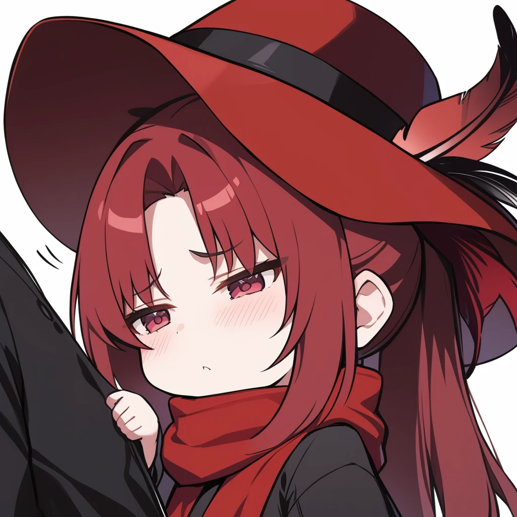 masterpiece, best quality, <lora:JXXLV1-000062:0.85>  1girl, red hair, hat, hat feather, red scarf, 
chibi, guilt , white background